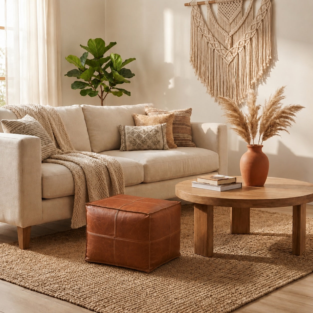 Brown Square Moroccan Leather Pouf Handmade Ottoman - LuxoraCraft