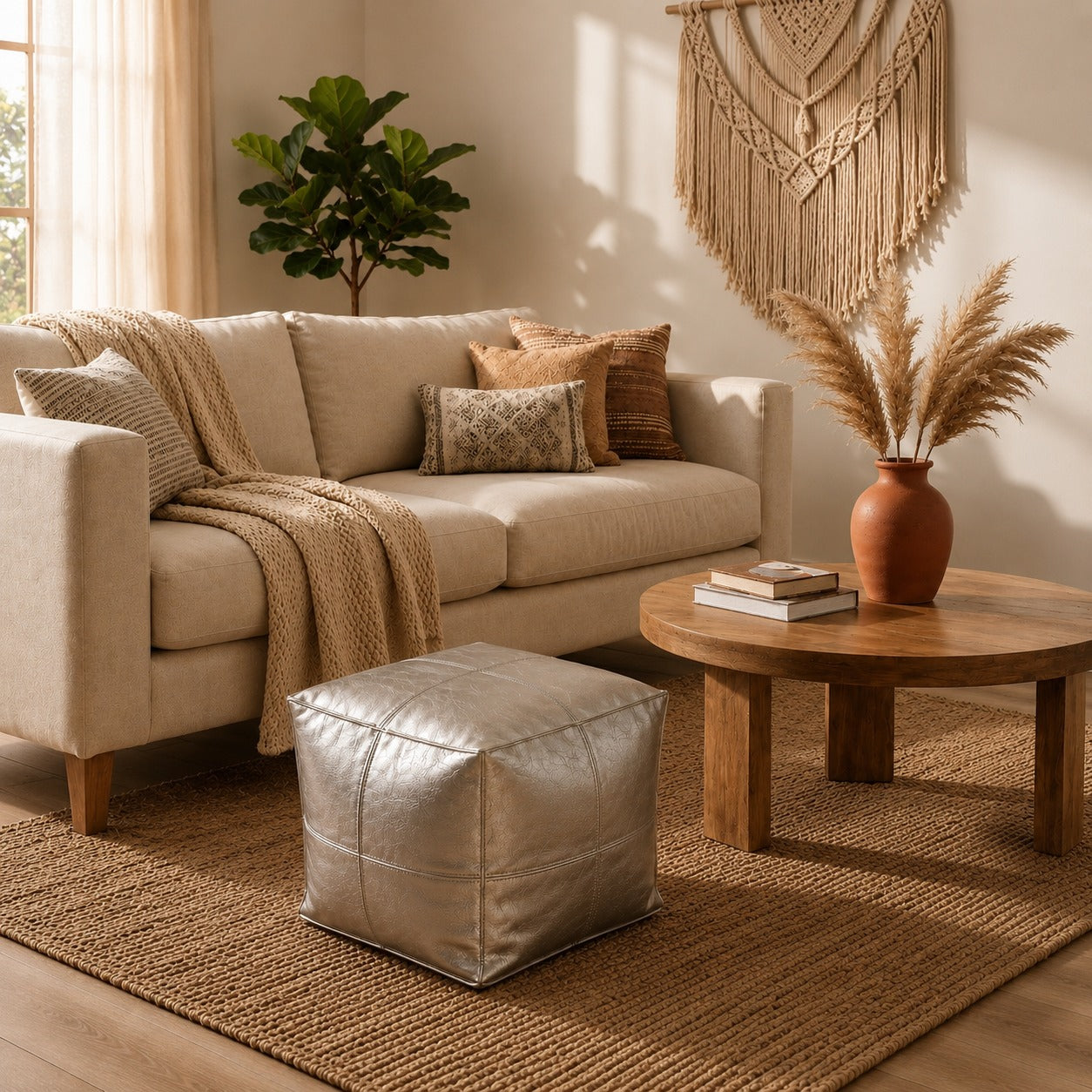 Silver Pearl Square Moroccan Leather Pouf Handmade Ottoman - LuxoraCraft