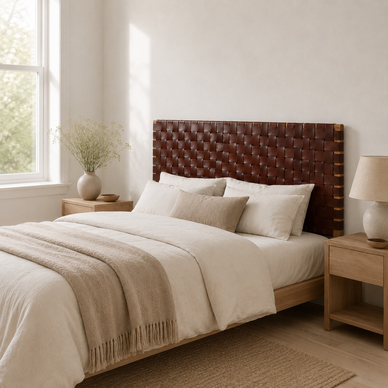 Minimalist Woven Leather Headboard – Scandinavian Design, King & Queen