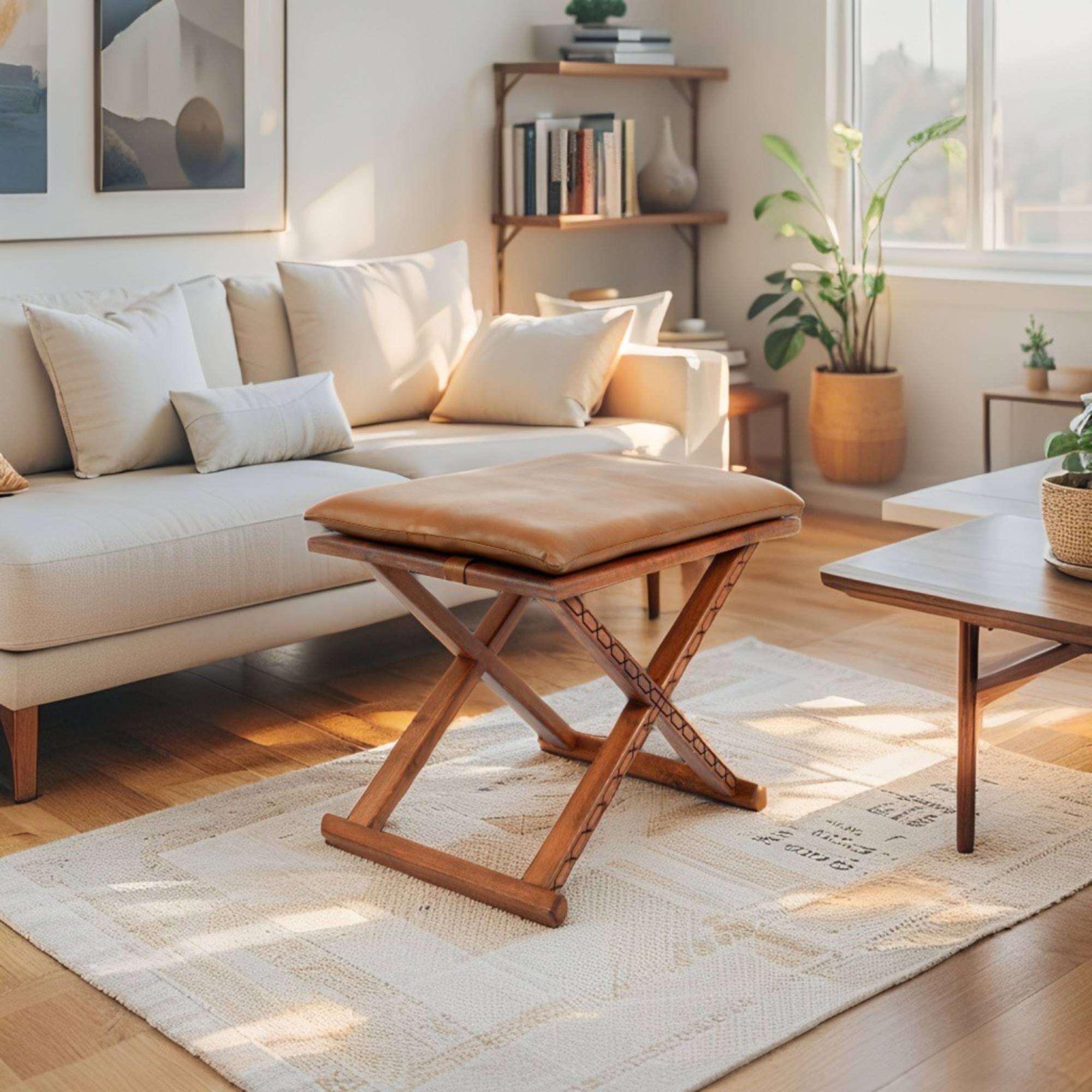 Brown Wooden X Stool with Handcrafted Brown Leather Cushion