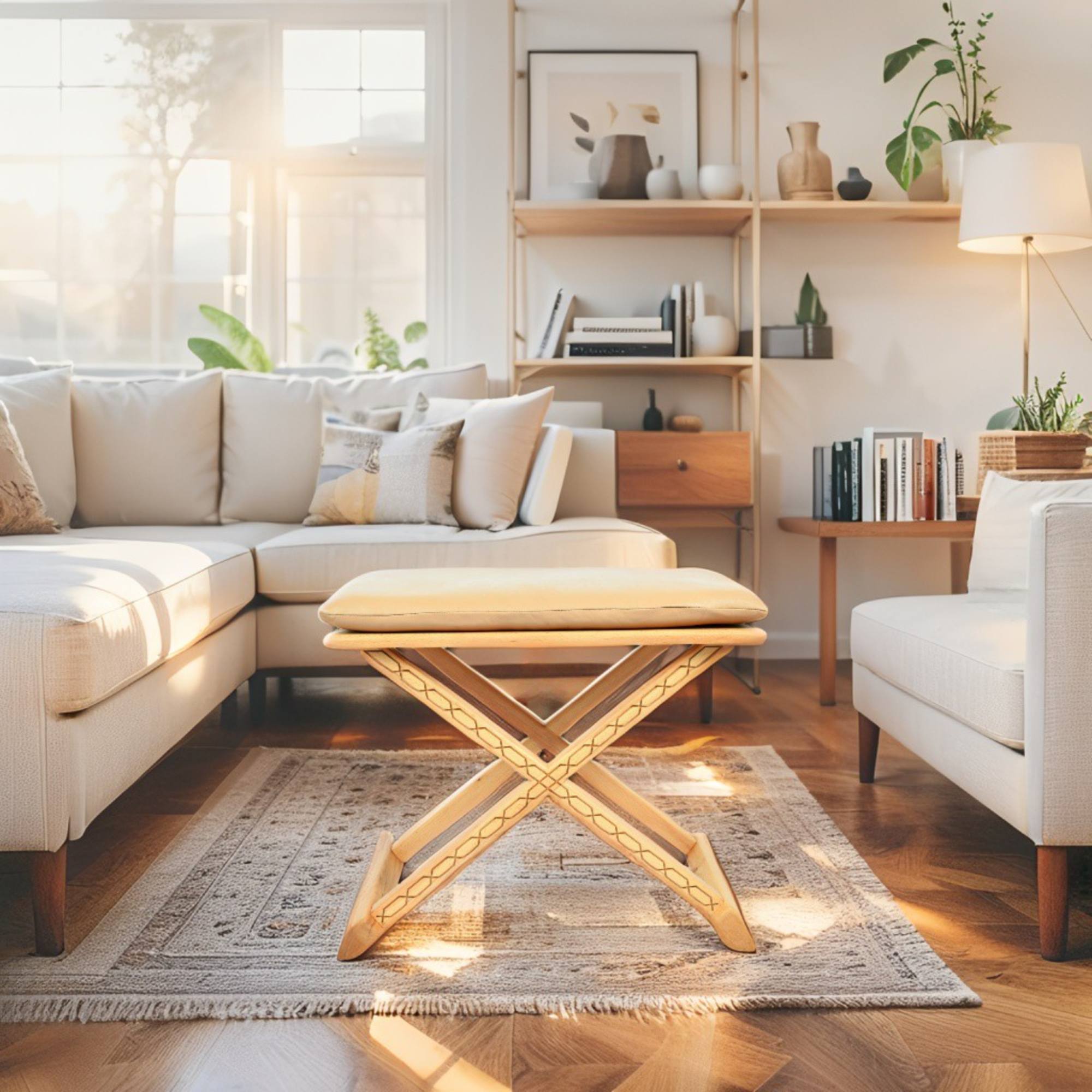 Varnished Wood Vintage X Stool with Beige Leather Cushion