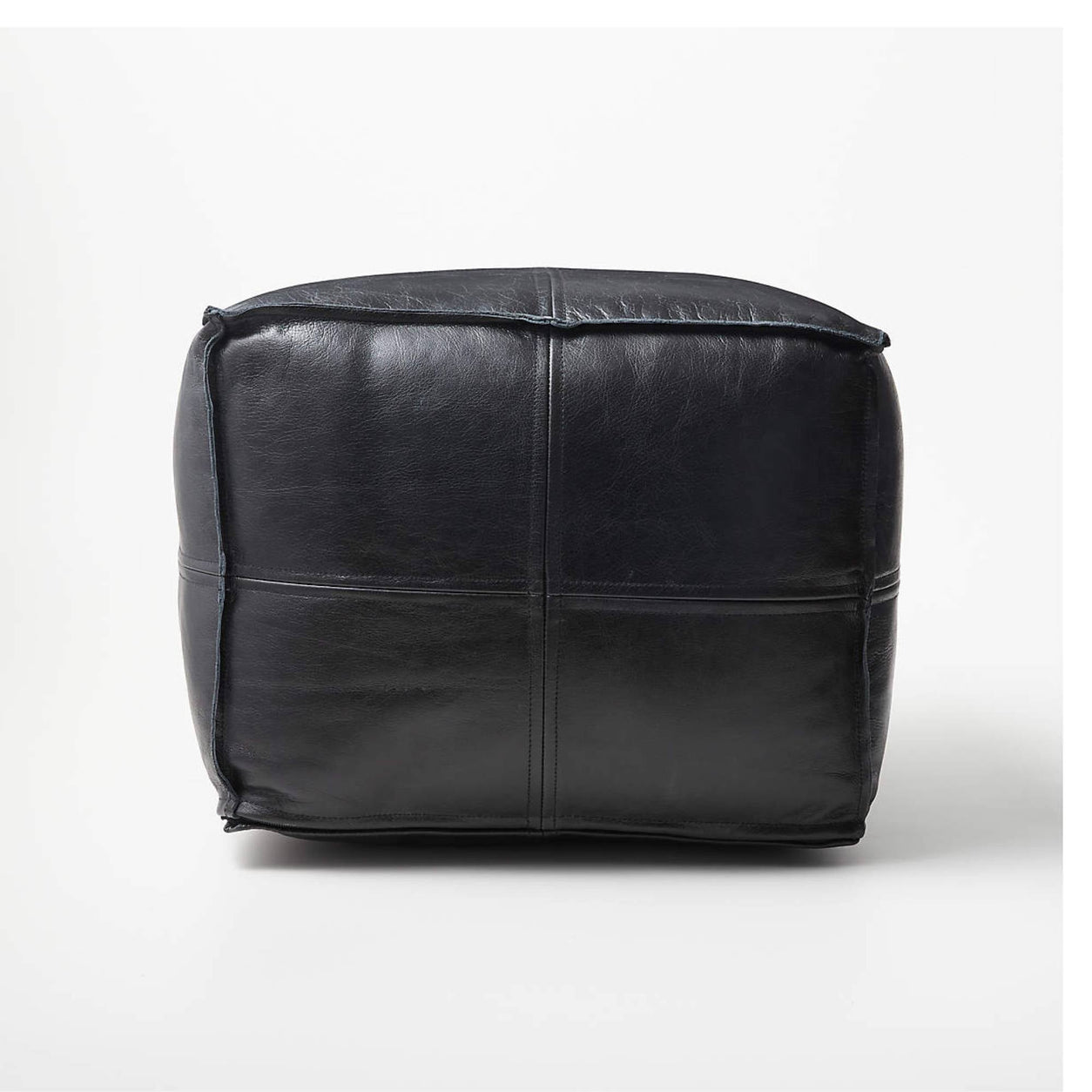 Black Square Leather Pouf Ottoman Side View Moroccan - LuxoraCraft