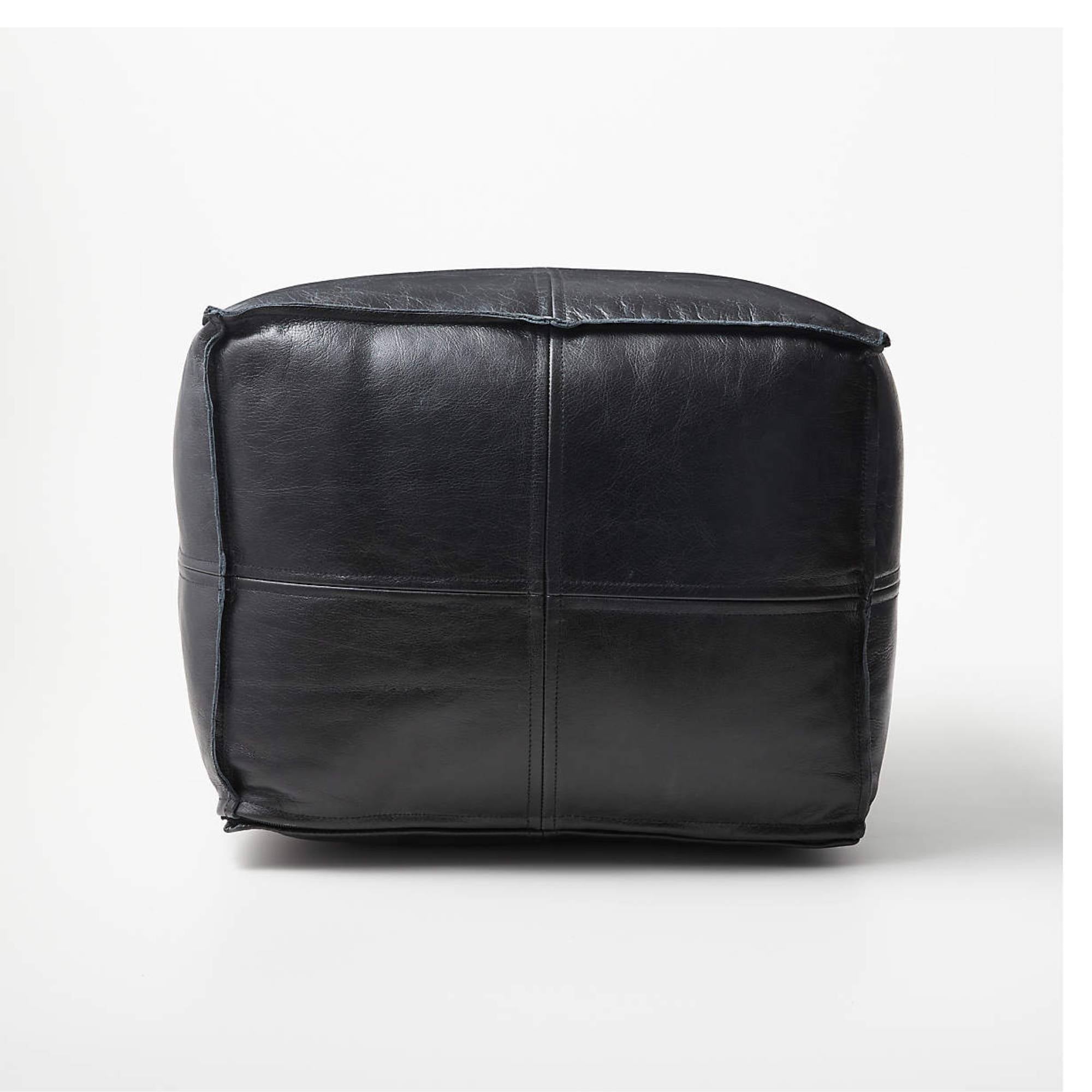Black Square Leather Pouf Ottoman Side View Moroccan - LuxoraCraft