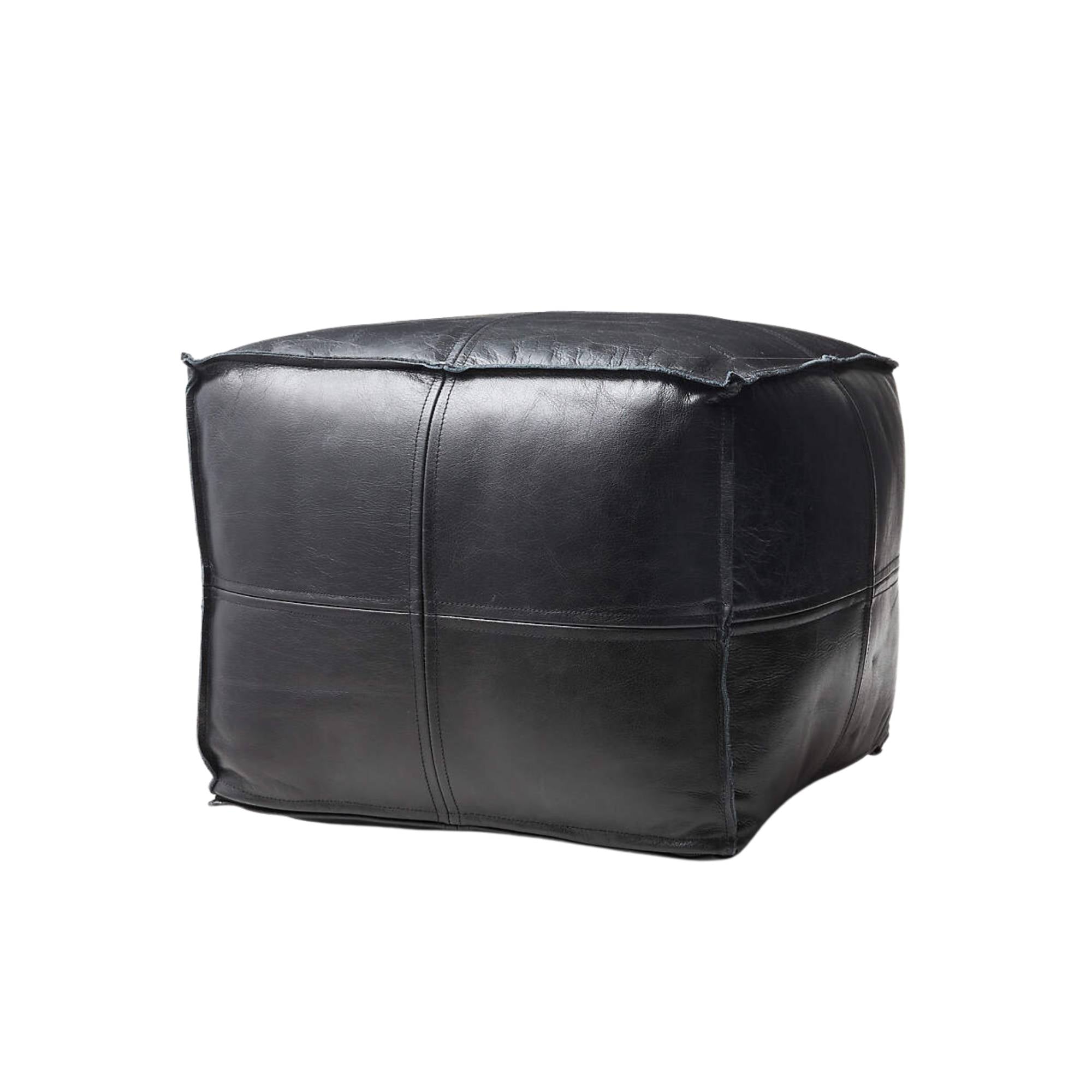 Black Square Leather Ottoman Pouf Front View - LuxoraCraft