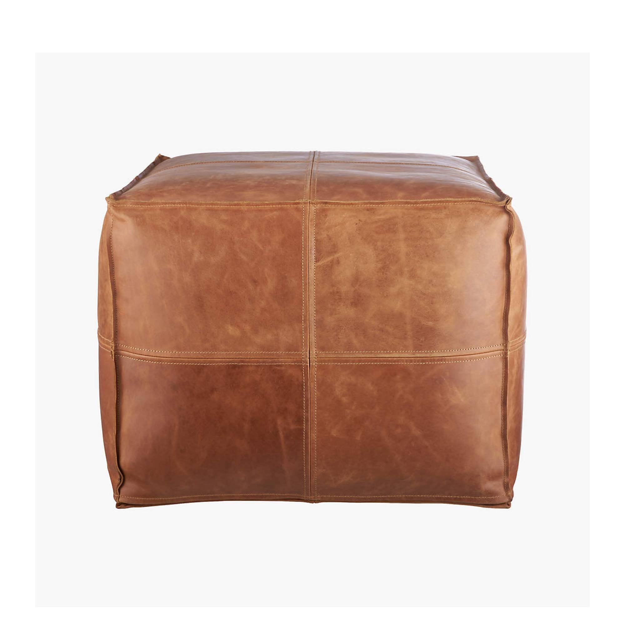 Brown Square Leather Ottoman Pouf Front View - LuxoraCraft
