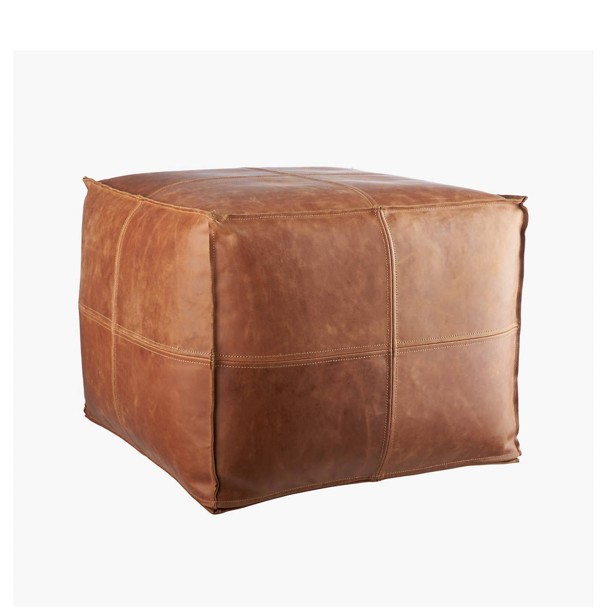 Brown Square Moroccan Leather Pouf Detail View - LuxoraCraft
