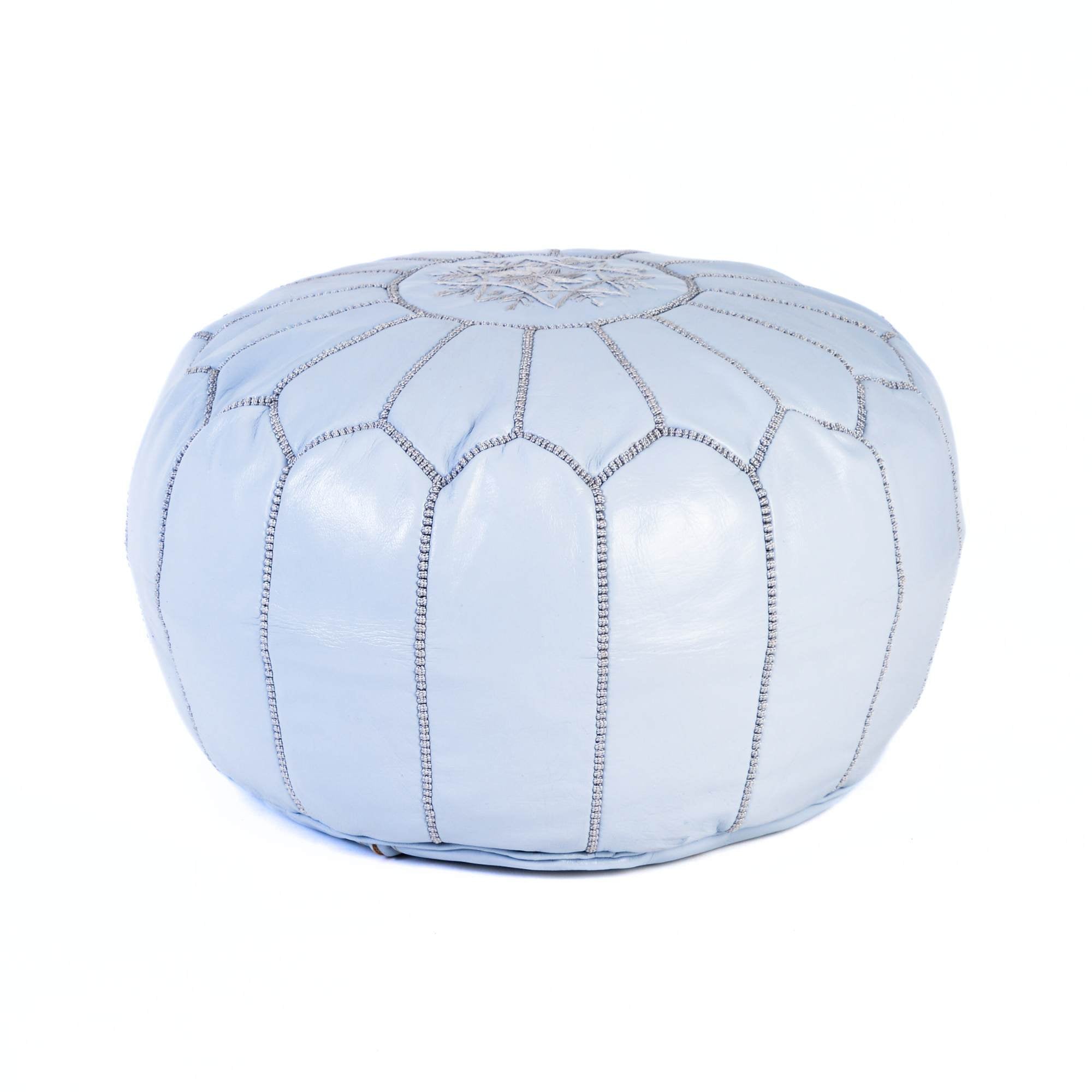 Gray Hand-Stitched Genuine Leather Ottoman Pouf with Embroidery