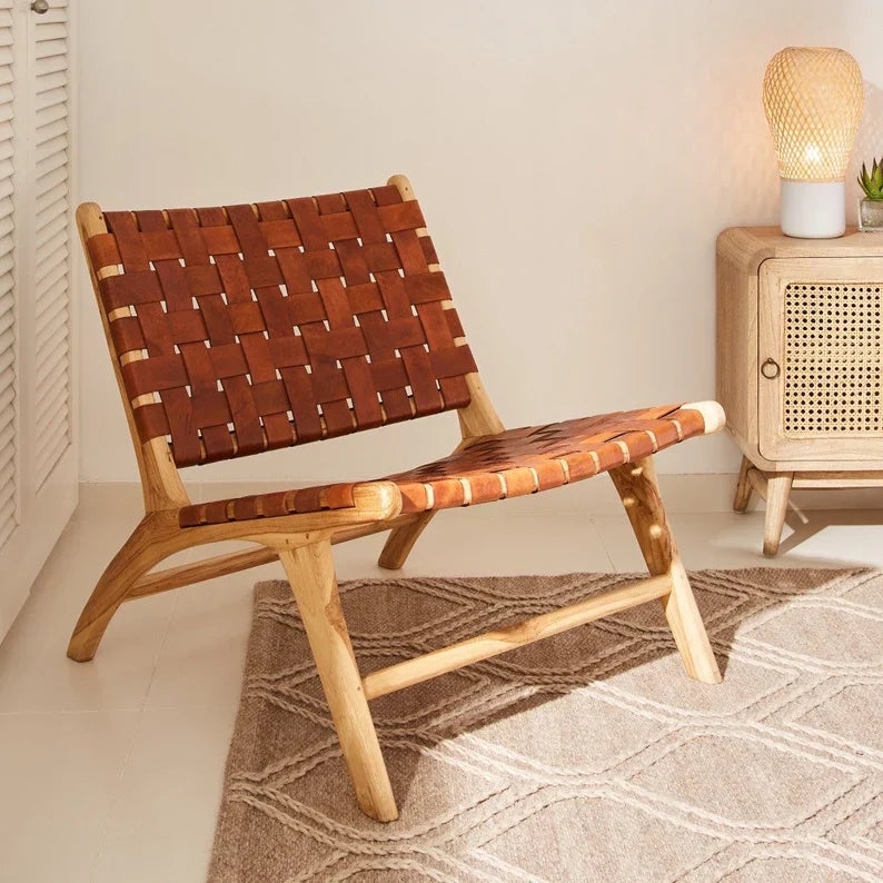 Brown Woven Leather Chair Detail Natural Teak Wood Design - LuxoraCraft