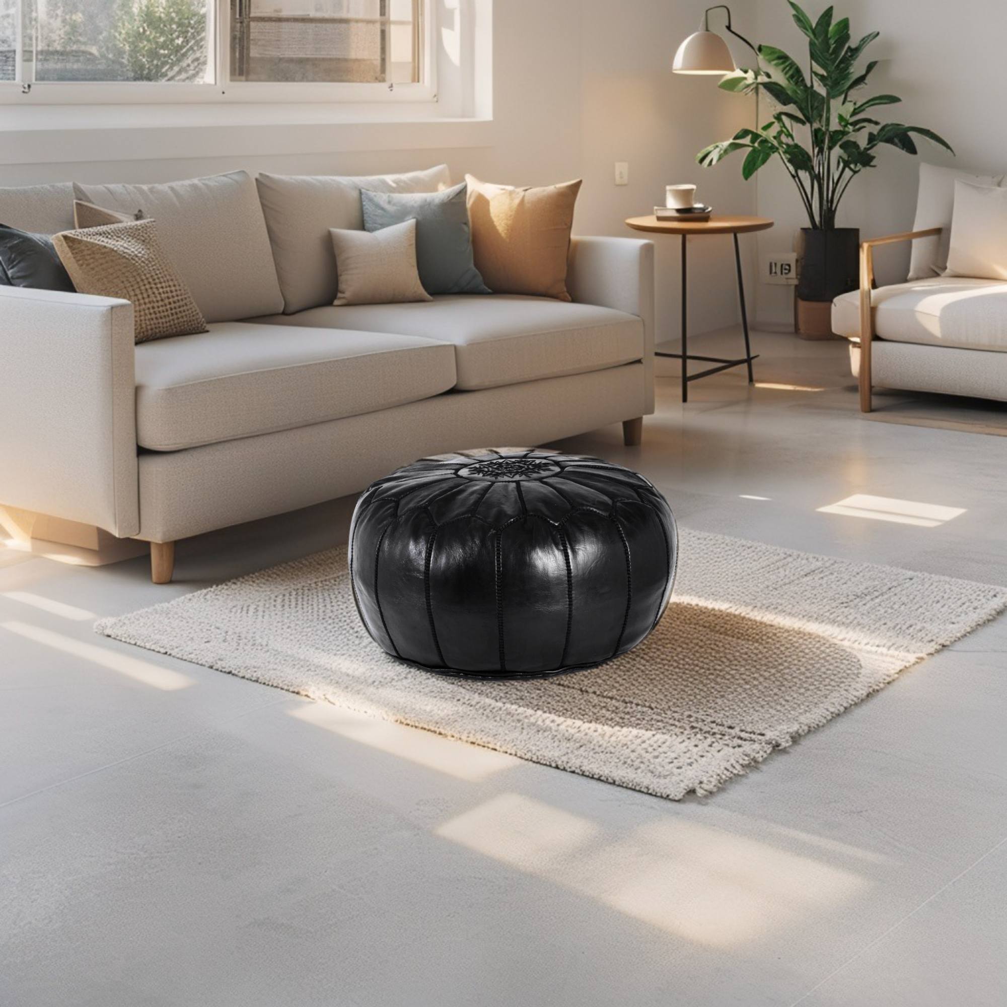 Almond black Hand-Stitched Genuine Leather Ottoman Pouf with Embroidery
