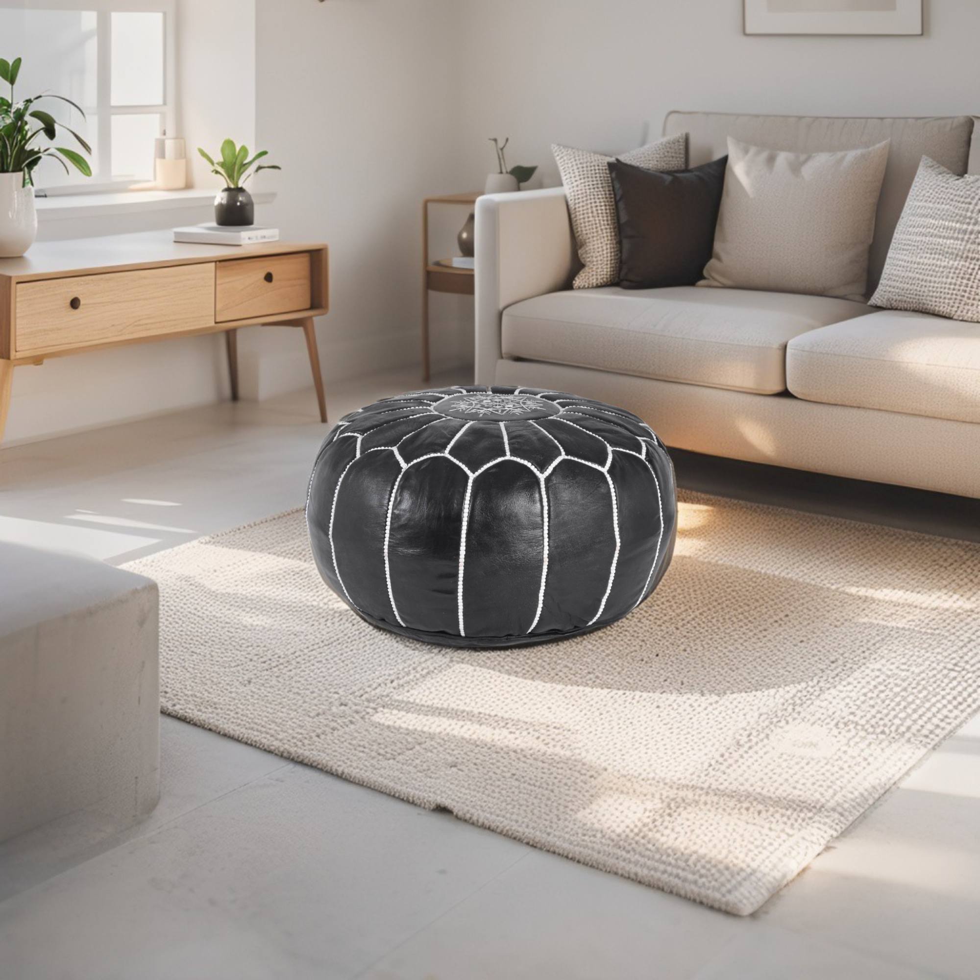 Black Hand-Stitched Genuine Leather Ottoman Pouf with Embroidery
