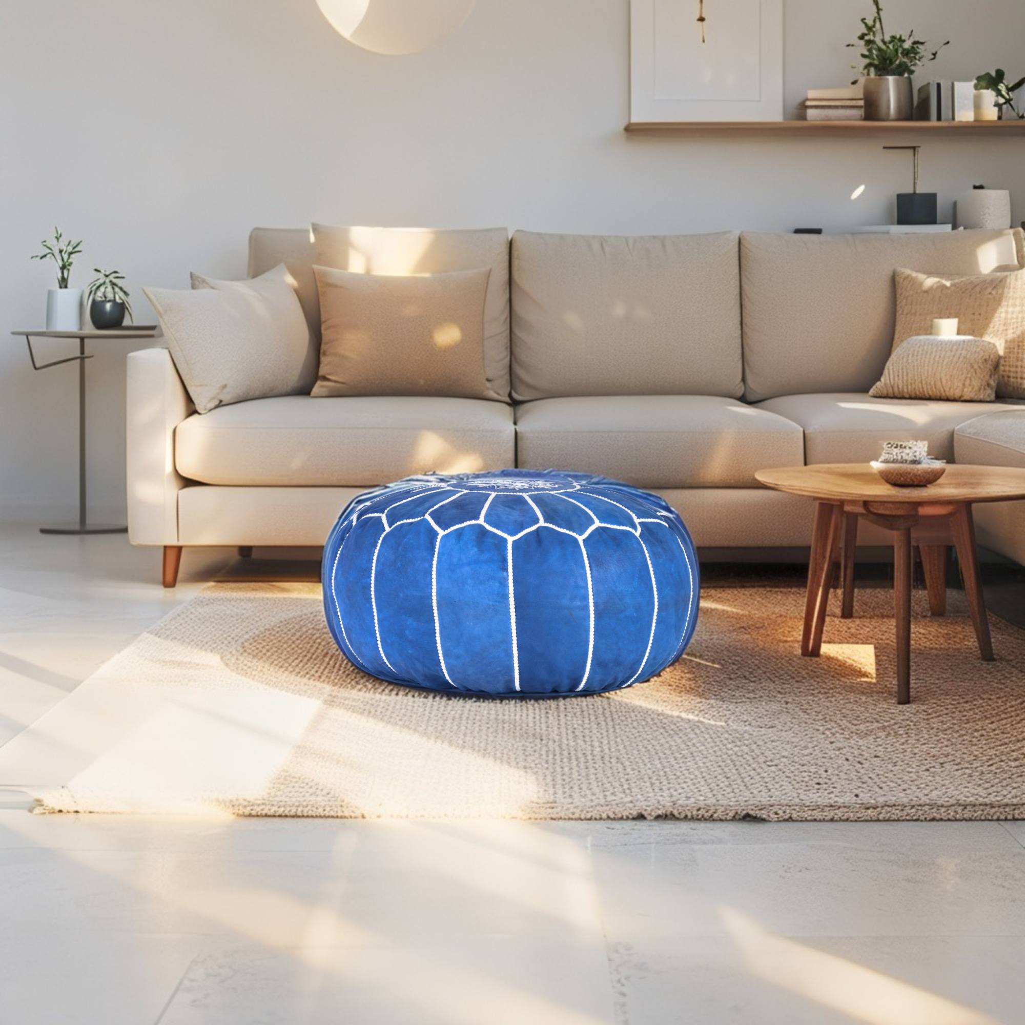 Blue Jeans Hand-Stitched Genuine Leather Ottoman Pouf with Embroidery