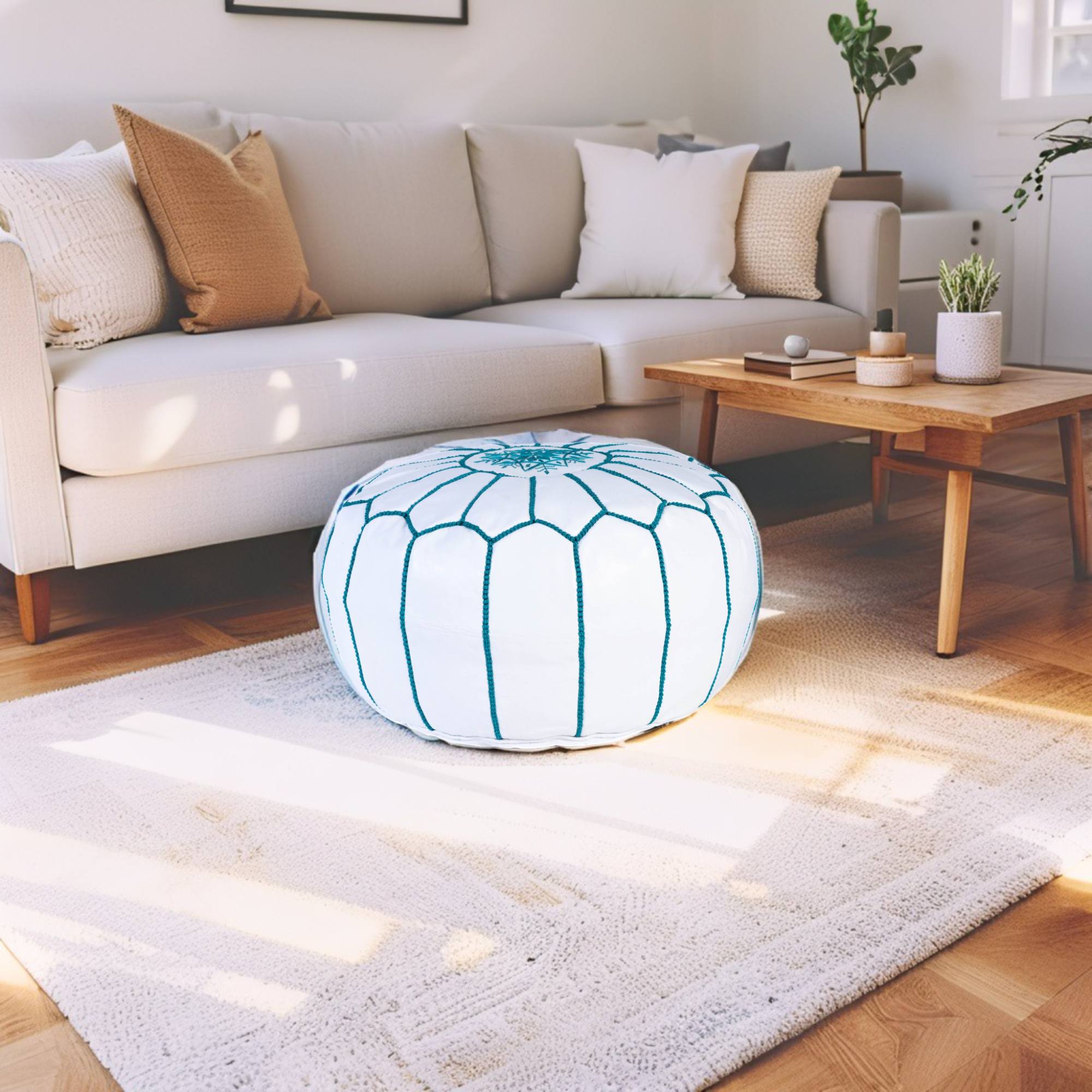 Blue Sky Hand-Stitched Genuine Leather Ottoman Pouf with Embroidery