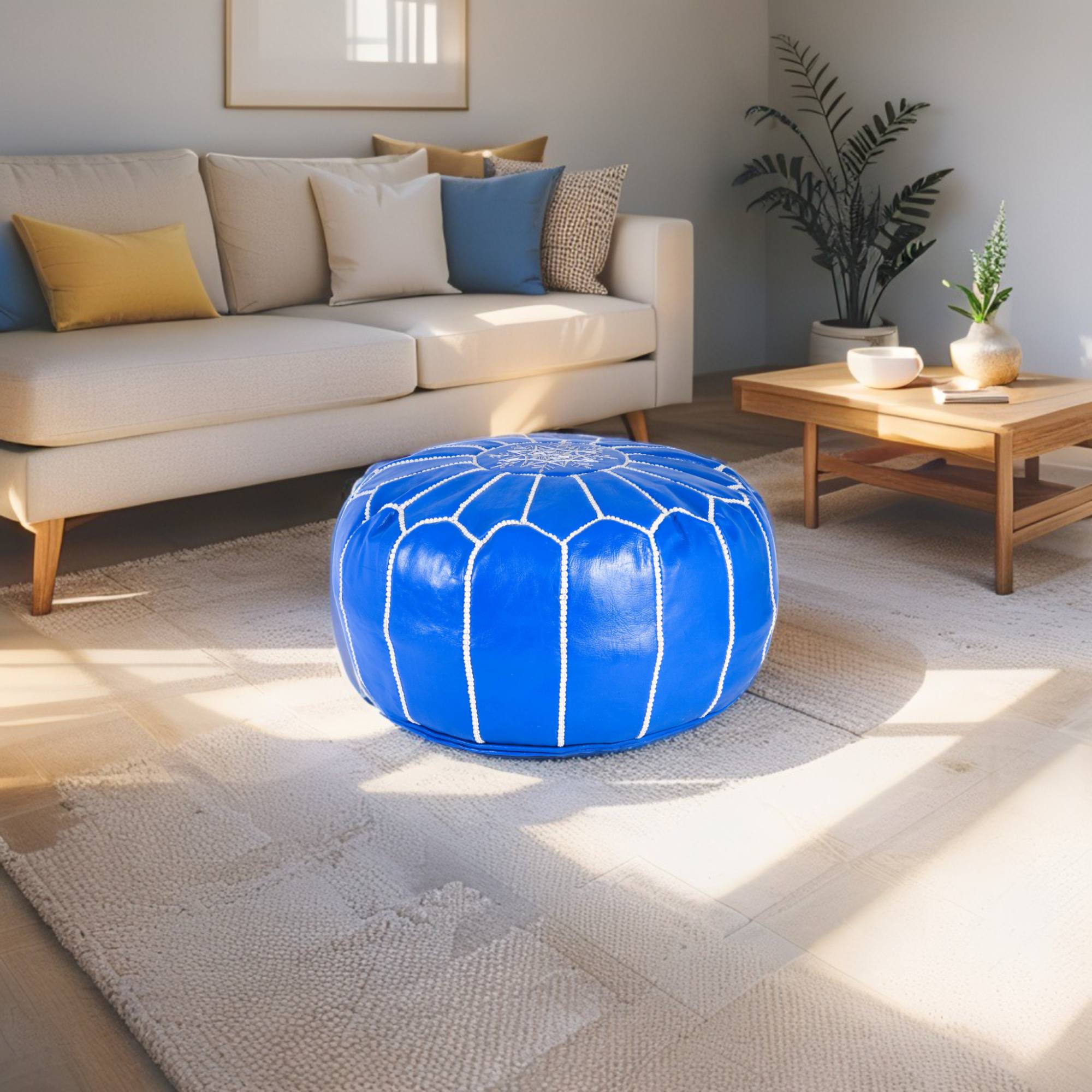 Blue Hand-Stitched Genuine Leather Ottoman Pouf with Embroidery
