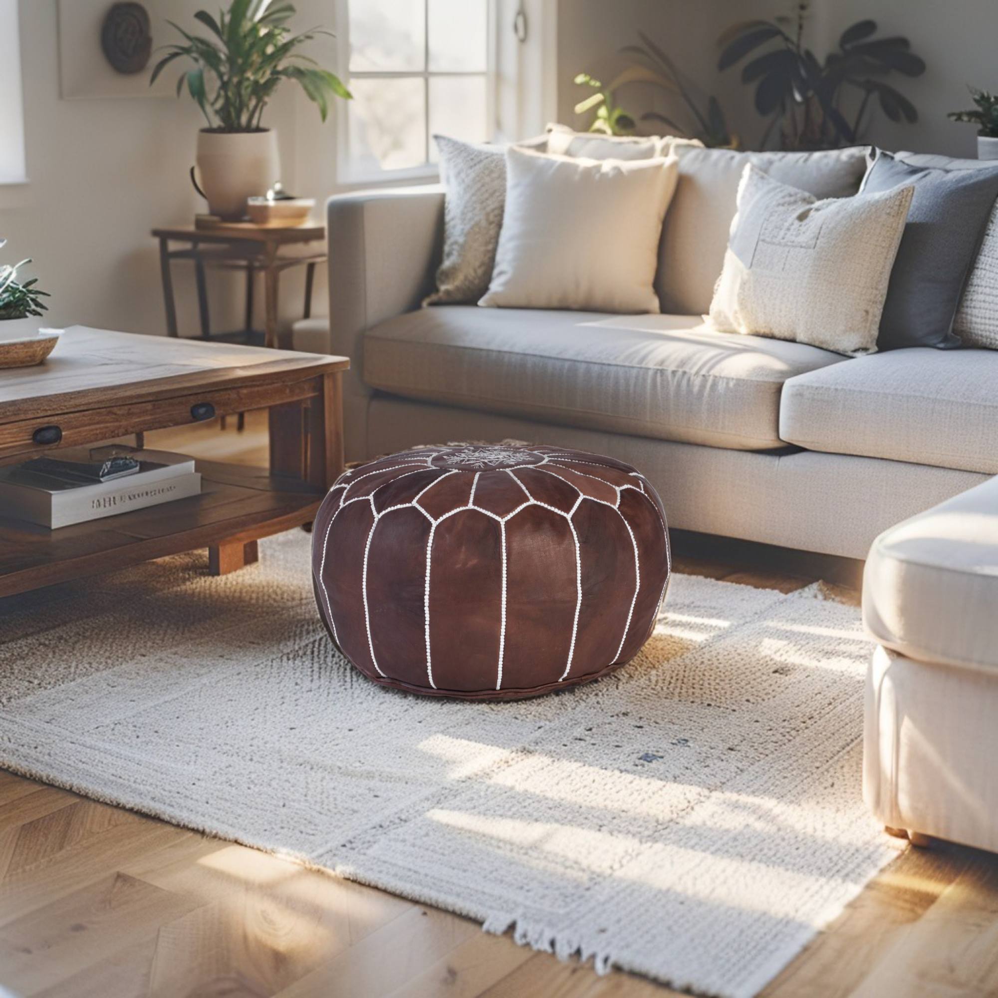 Brown Hand-Stitched Genuine Leather Ottoman Pouf with Embroidery