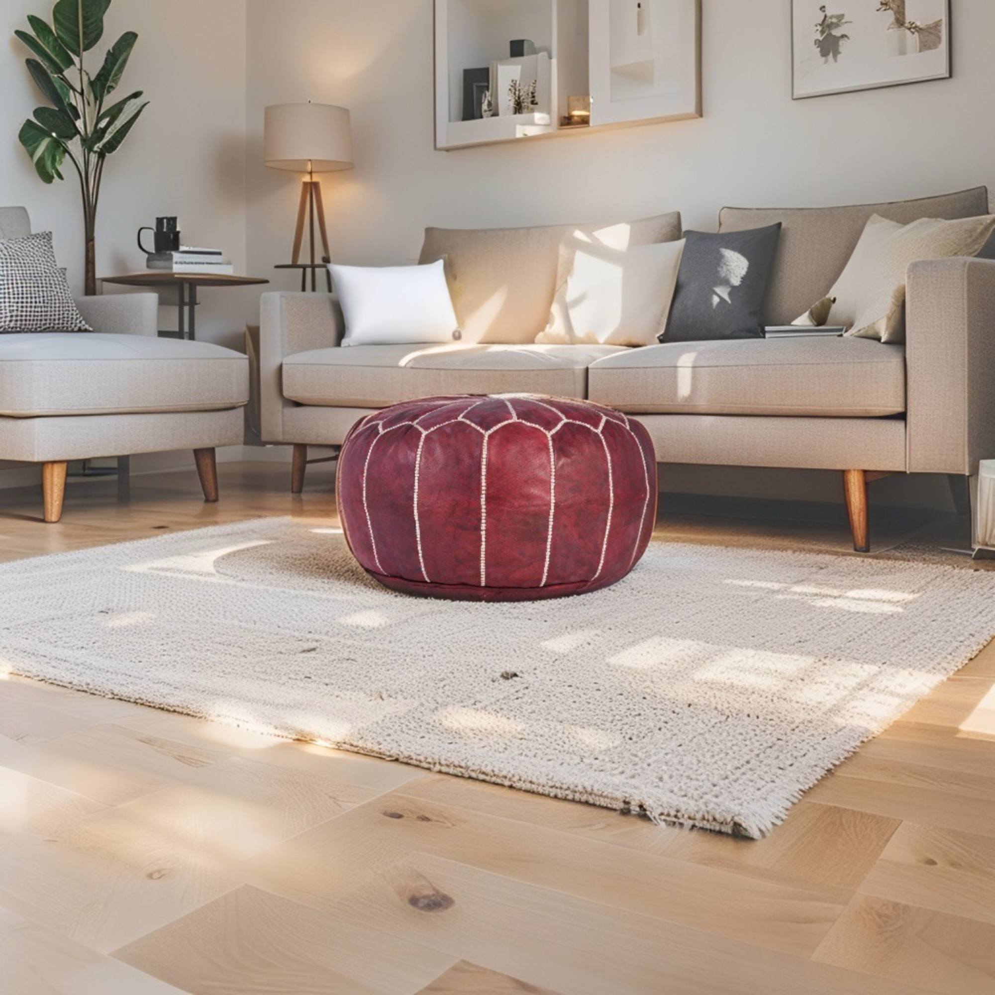 Best Burgundy Hand-Stitched Genuine Leather Ottoman Pouf with Embroidery