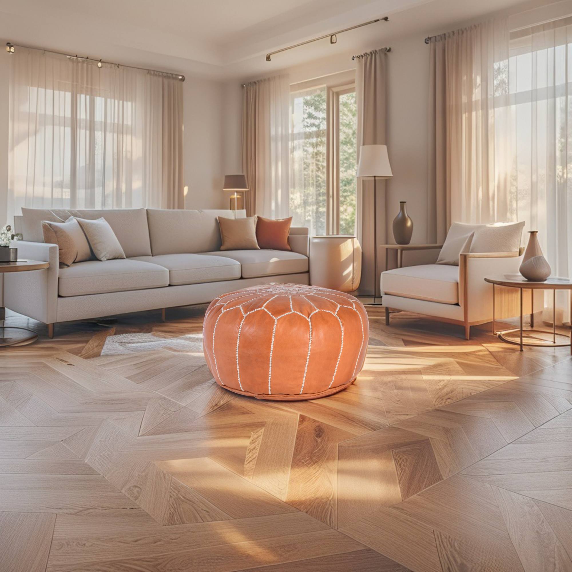 Cognac Hand-Stitched Genuine Leather Ottoman Pouf with Embroidery