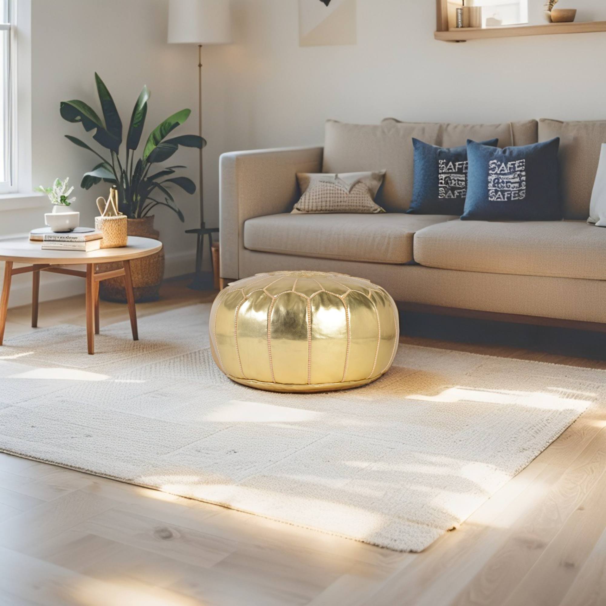 Gold Hand-Stitched Genuine Leather Ottoman Pouf with Embroidery