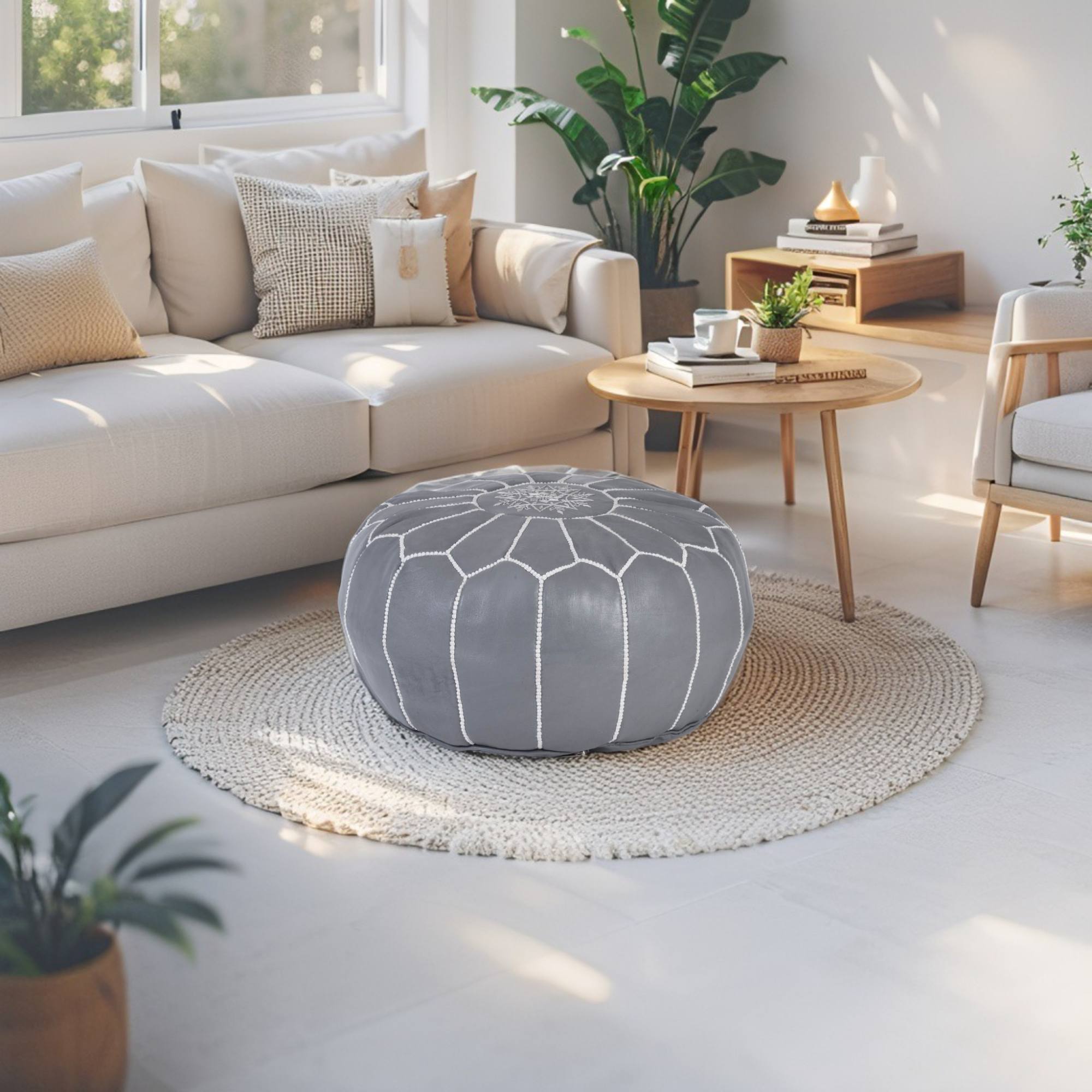 Gray White Hand-Stitched Genuine Leather Ottoman Pouf with Embroidery