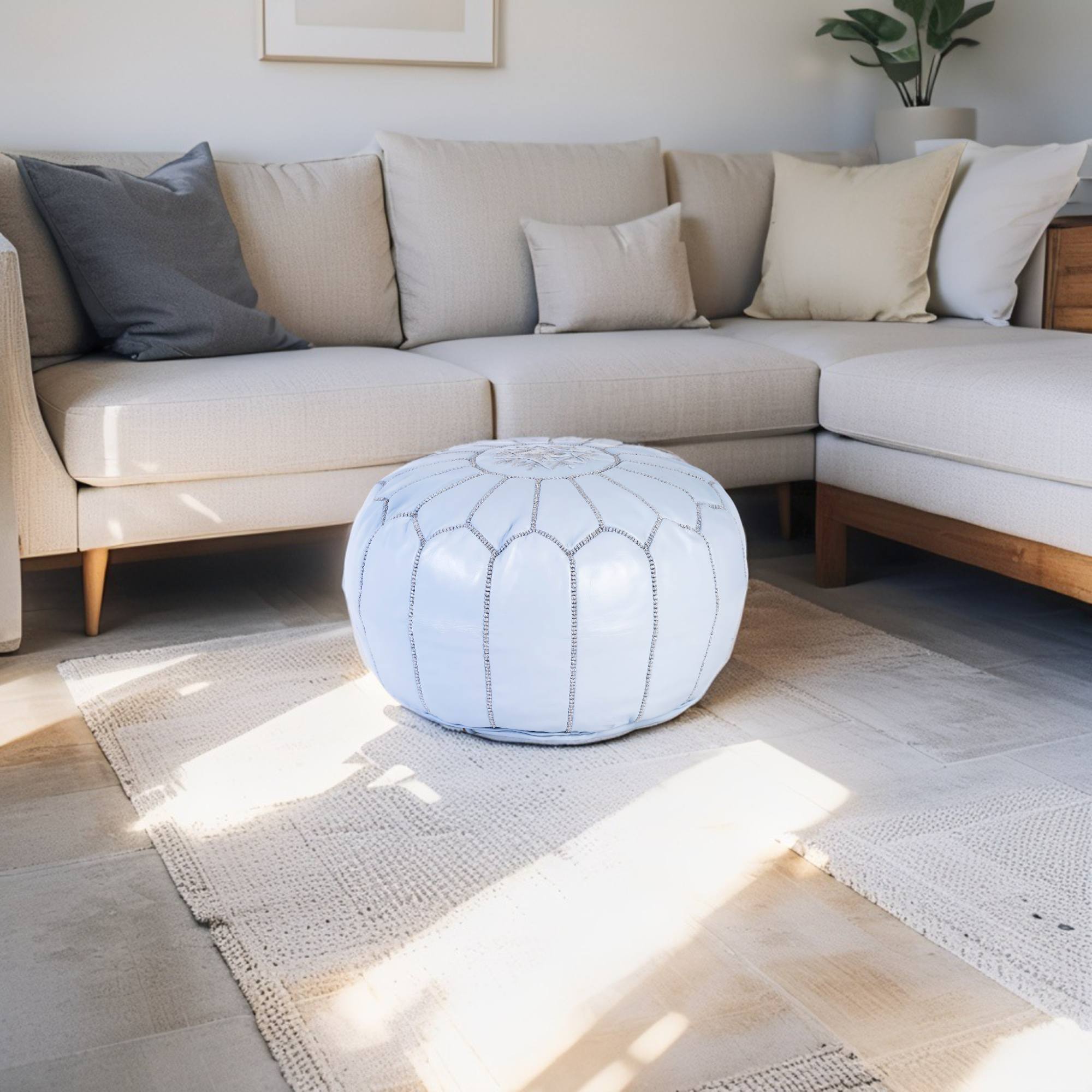 Gray Hand-Stitched Genuine Leather Ottoman Pouf with Embroidery