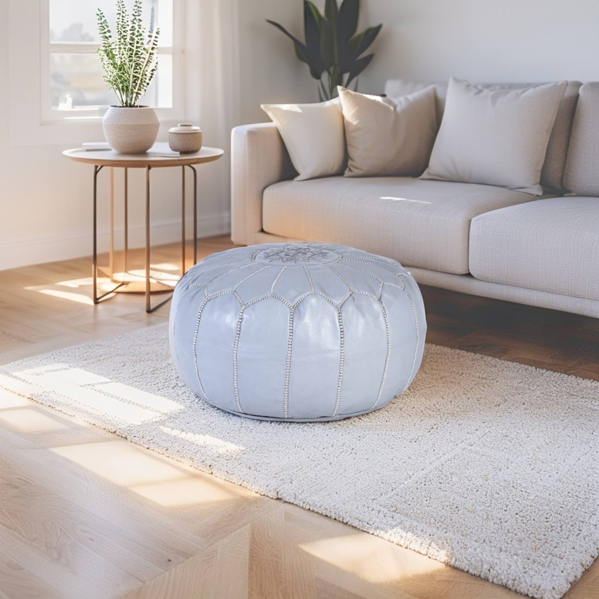 Light Gray Hand-Stitched Genuine Leather Ottoman Pouf with Embroidery