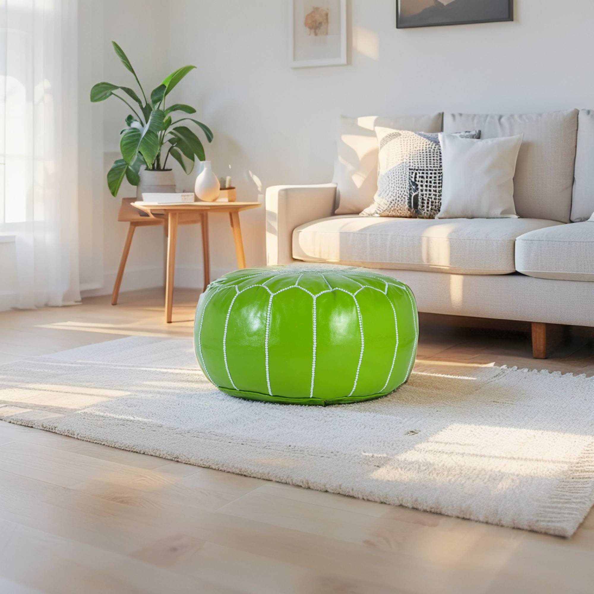 Light Green Hand-Stitched Genuine Leather Ottoman Pouf with Embroidery