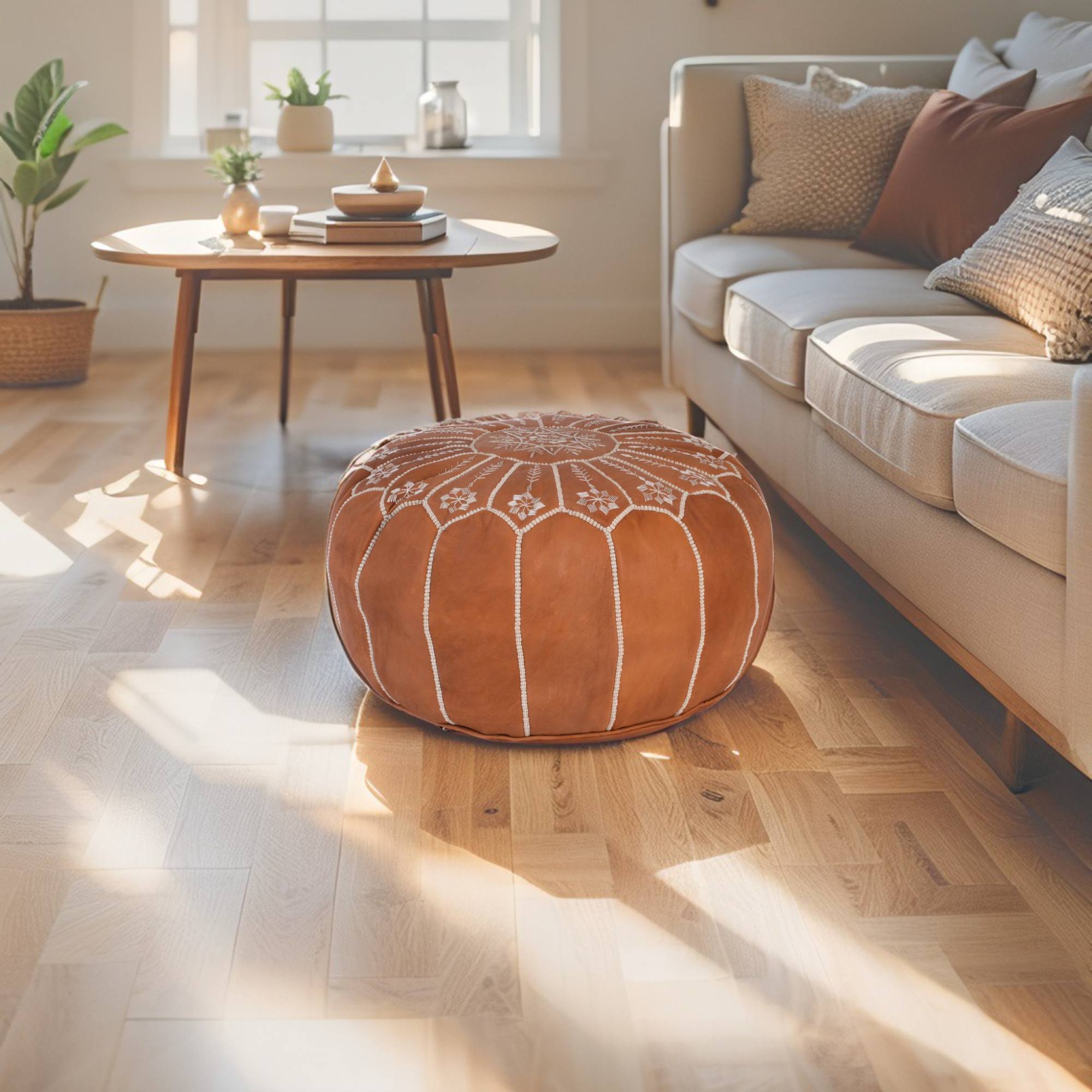 Cognac Hand-Stitched Genuine Leather Ottoman Pouf with New Embroidery Design