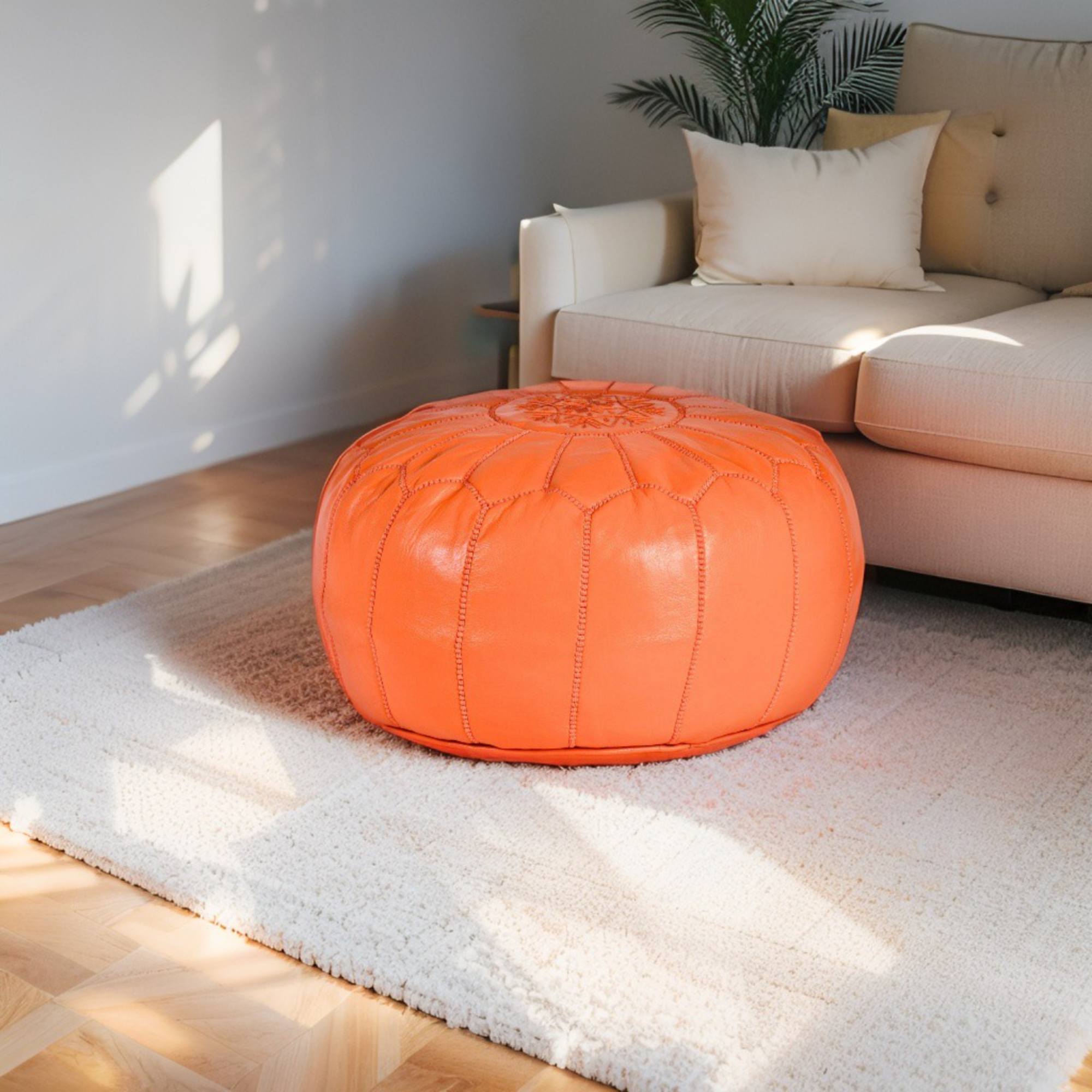 Orange Hand-Stitched Genuine Leather Ottoman Pouf with Embroidery