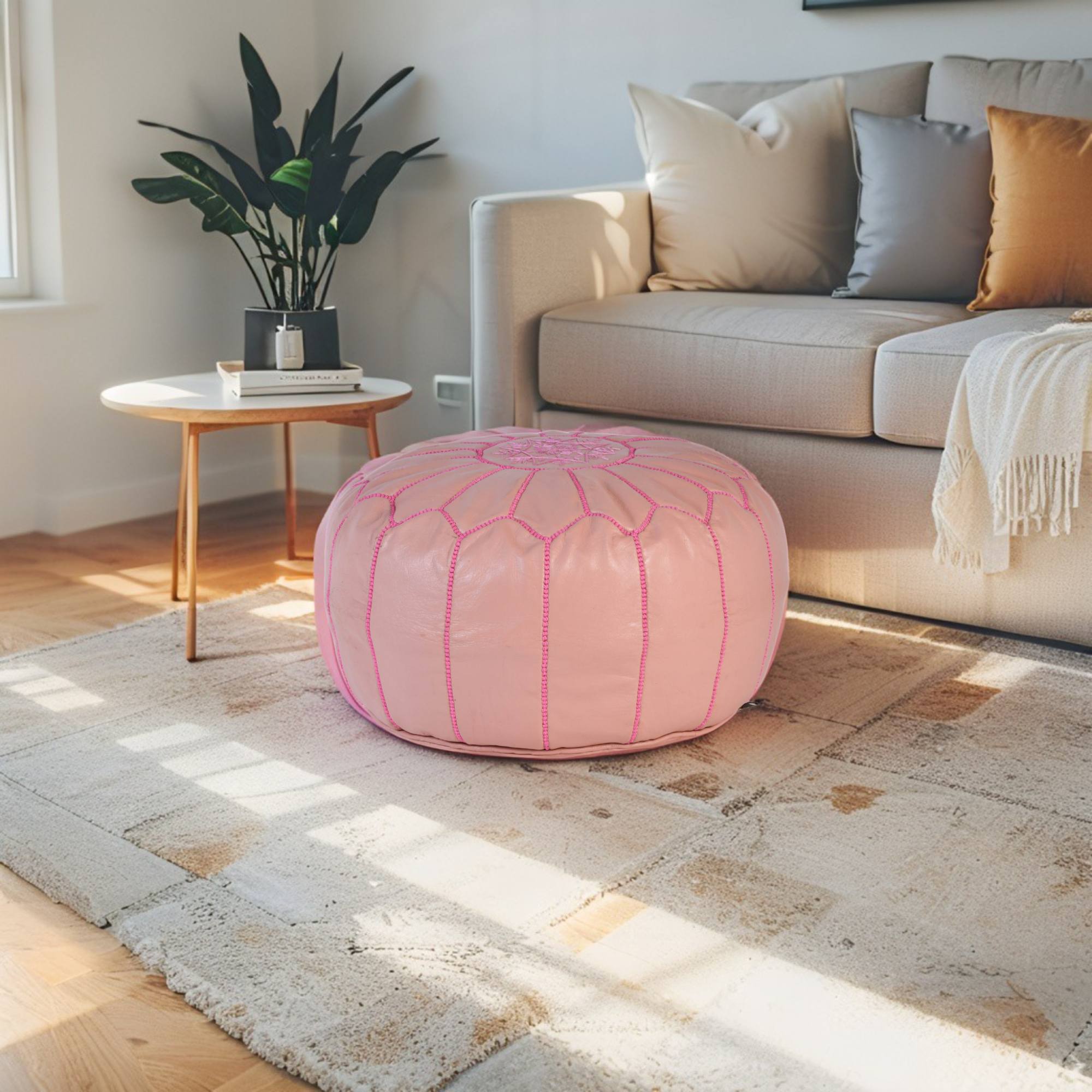 Pink Hand-Stitched Genuine Leather Ottoman Pouf with Embroidery