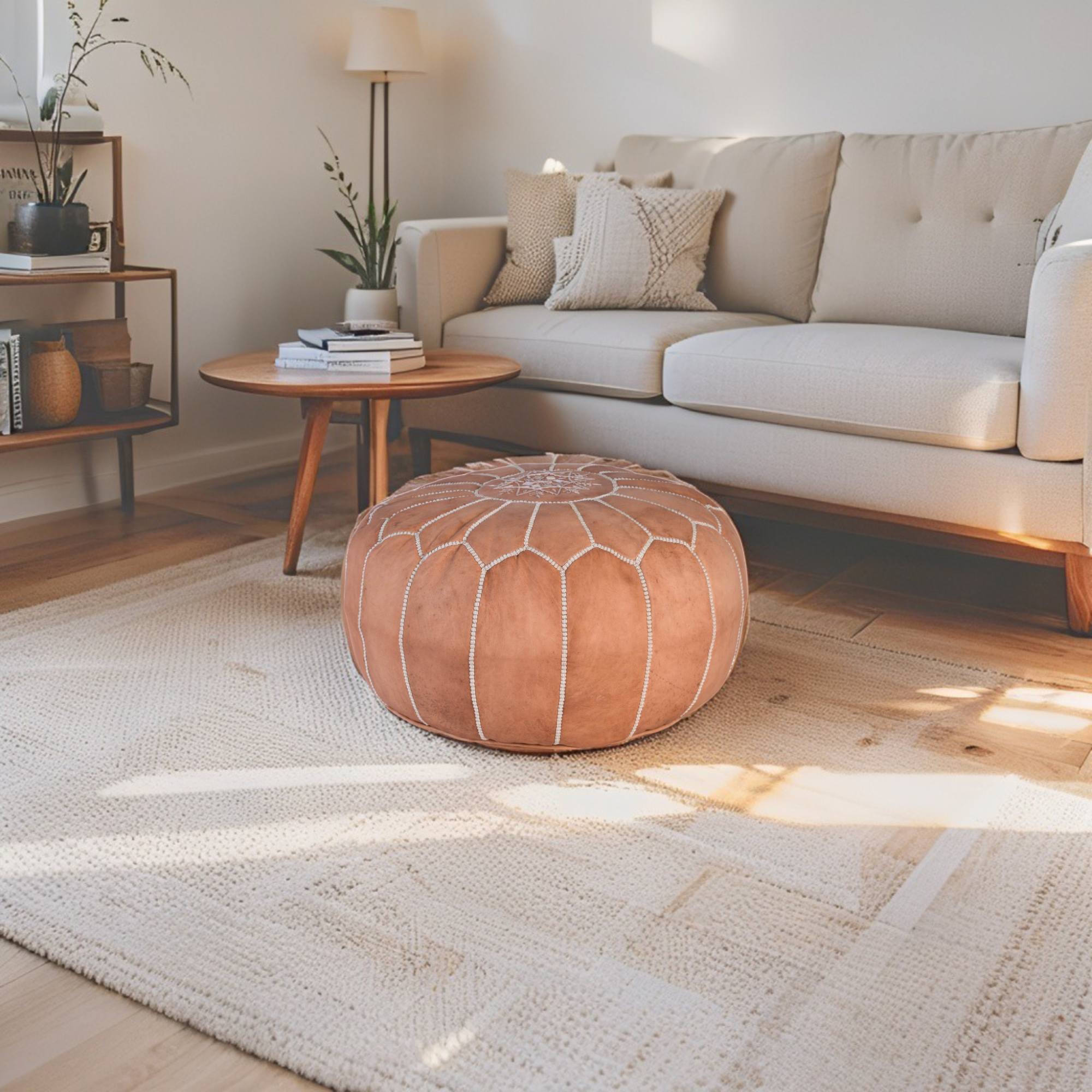 Tan Brown Hand-Stitched Genuine Leather Ottoman Pouf with Embroidery