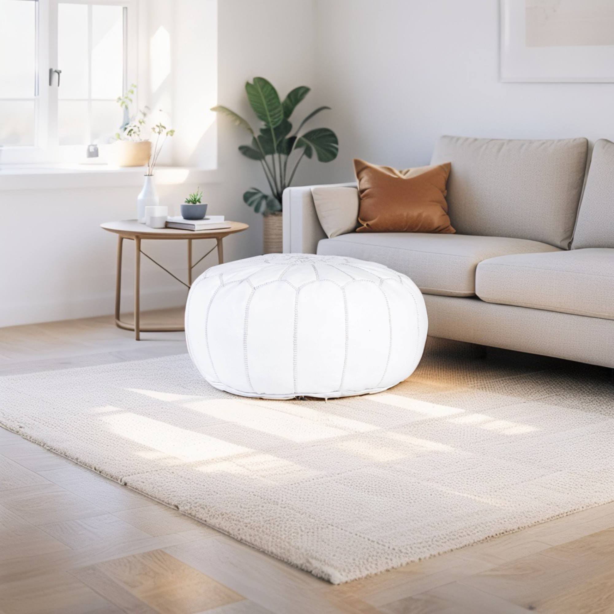 White Hand-Stitched Genuine Leather Ottoman Pouf with Embroidery