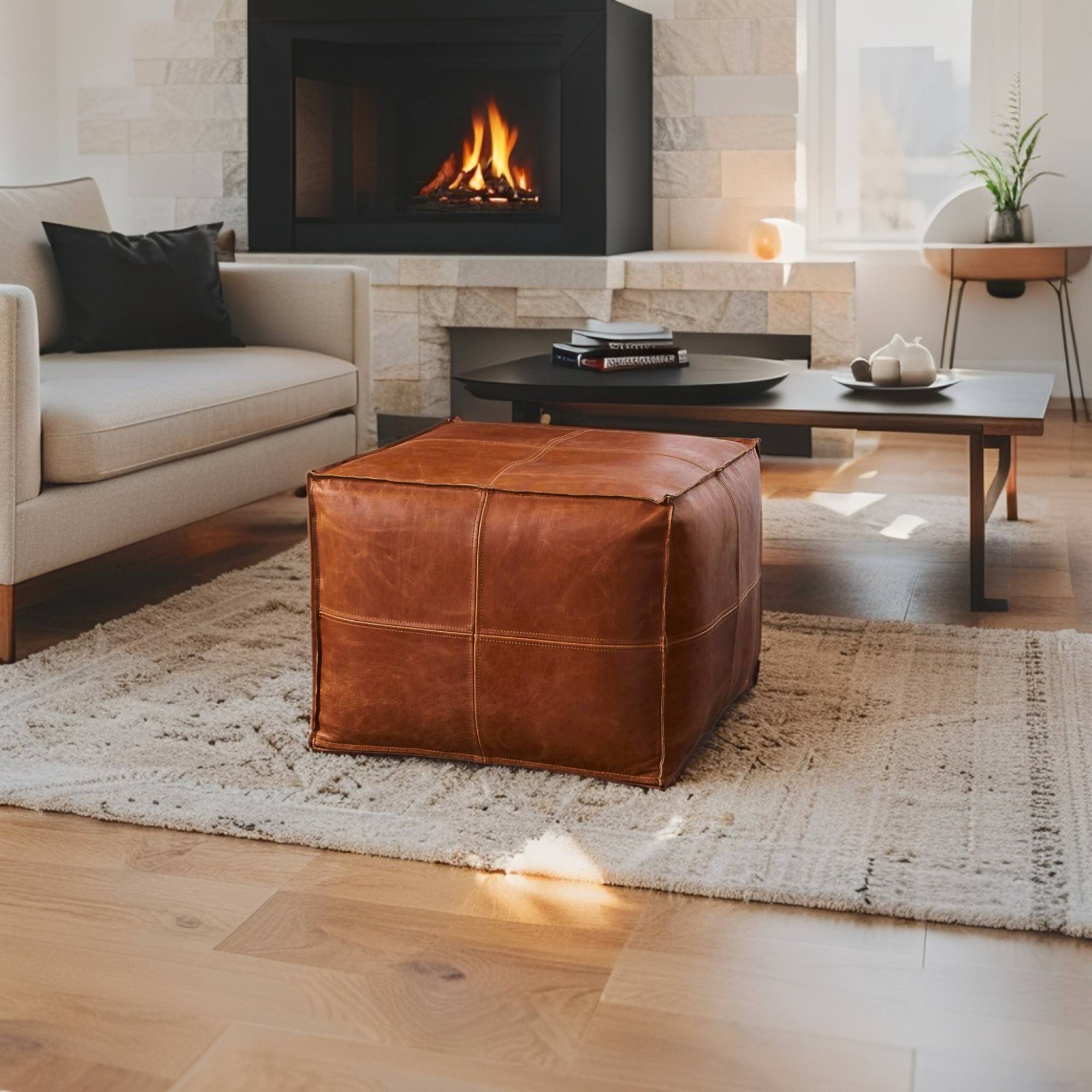 Brown Premium Square Leather Pouf