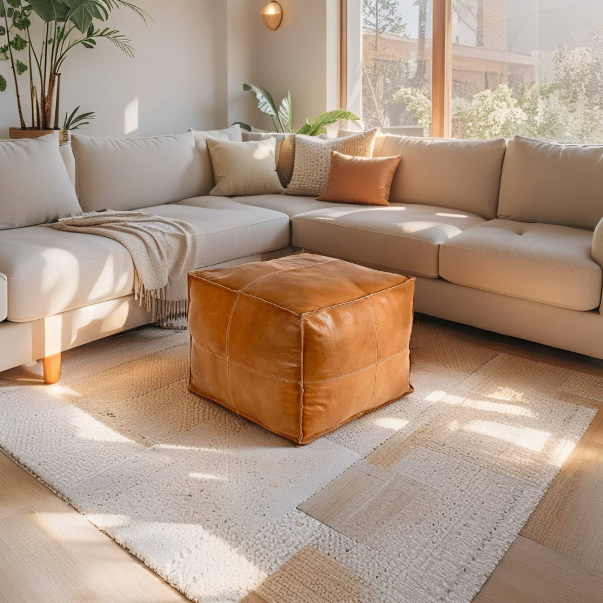 Handcrafted Premium Silver Pearl Leather Square Ottoman Pouf – Luxury Large Ottoman, Modern Home Decor, Footrest & Seating