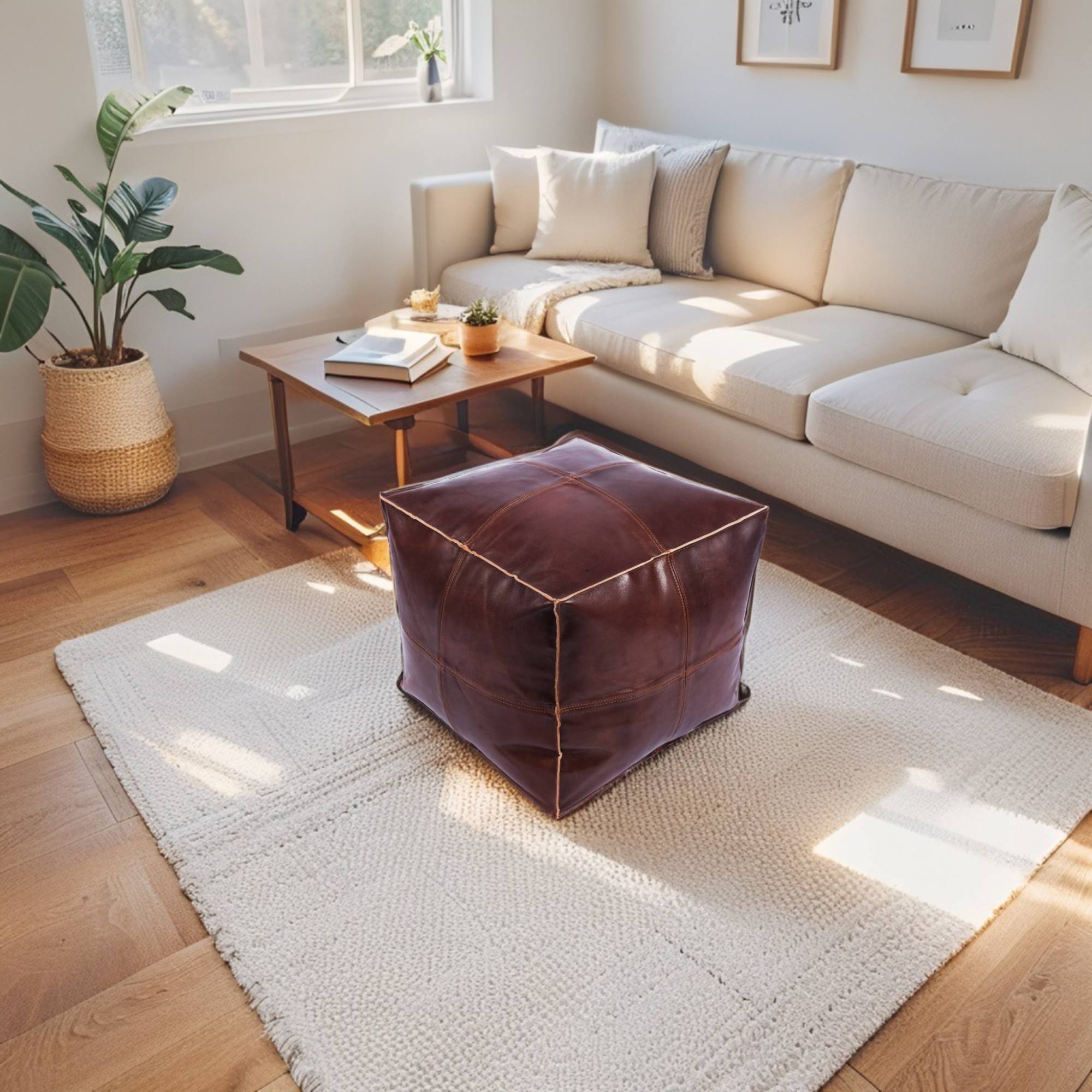 Handcrafted Premium Silver Pearl Leather Square Ottoman Pouf – Luxury Large Ottoman, Modern Home Decor, Footrest & Seating