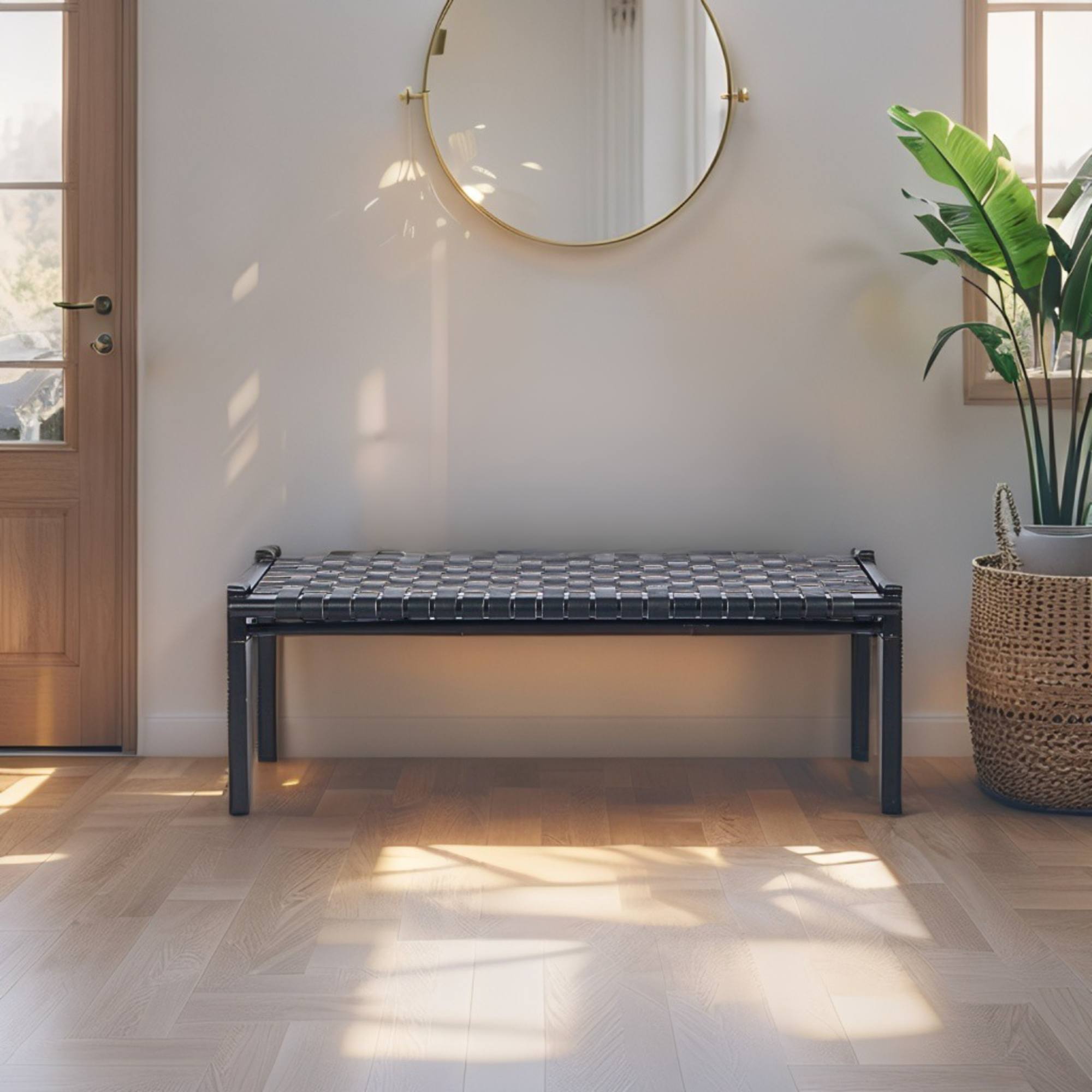 Woven Leather Bench – Black Strap Leather Seat on Black Teak Wood Frame