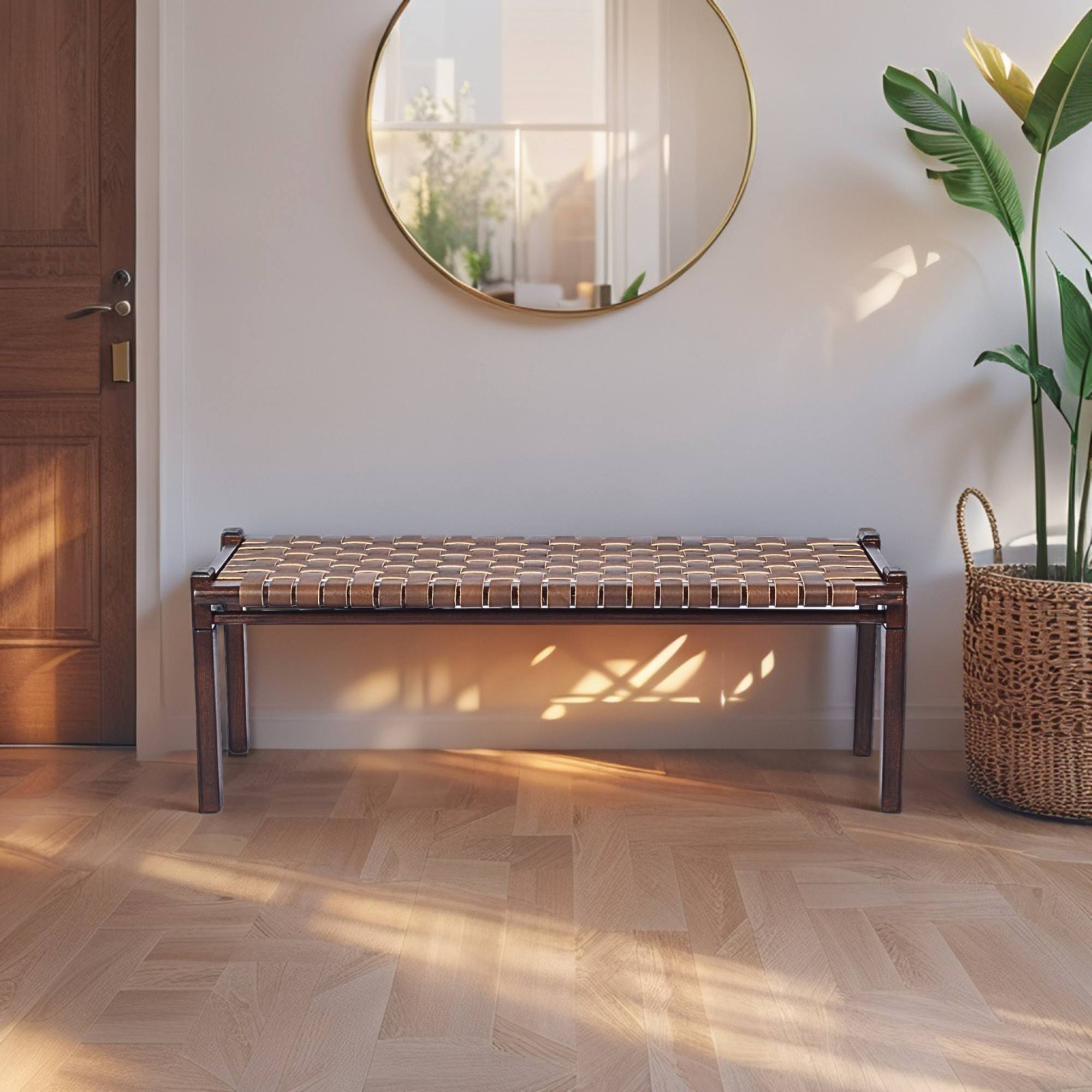 Woven Leather Bench – Brown Strap Leather Seat on Brown Teak Wood Frame