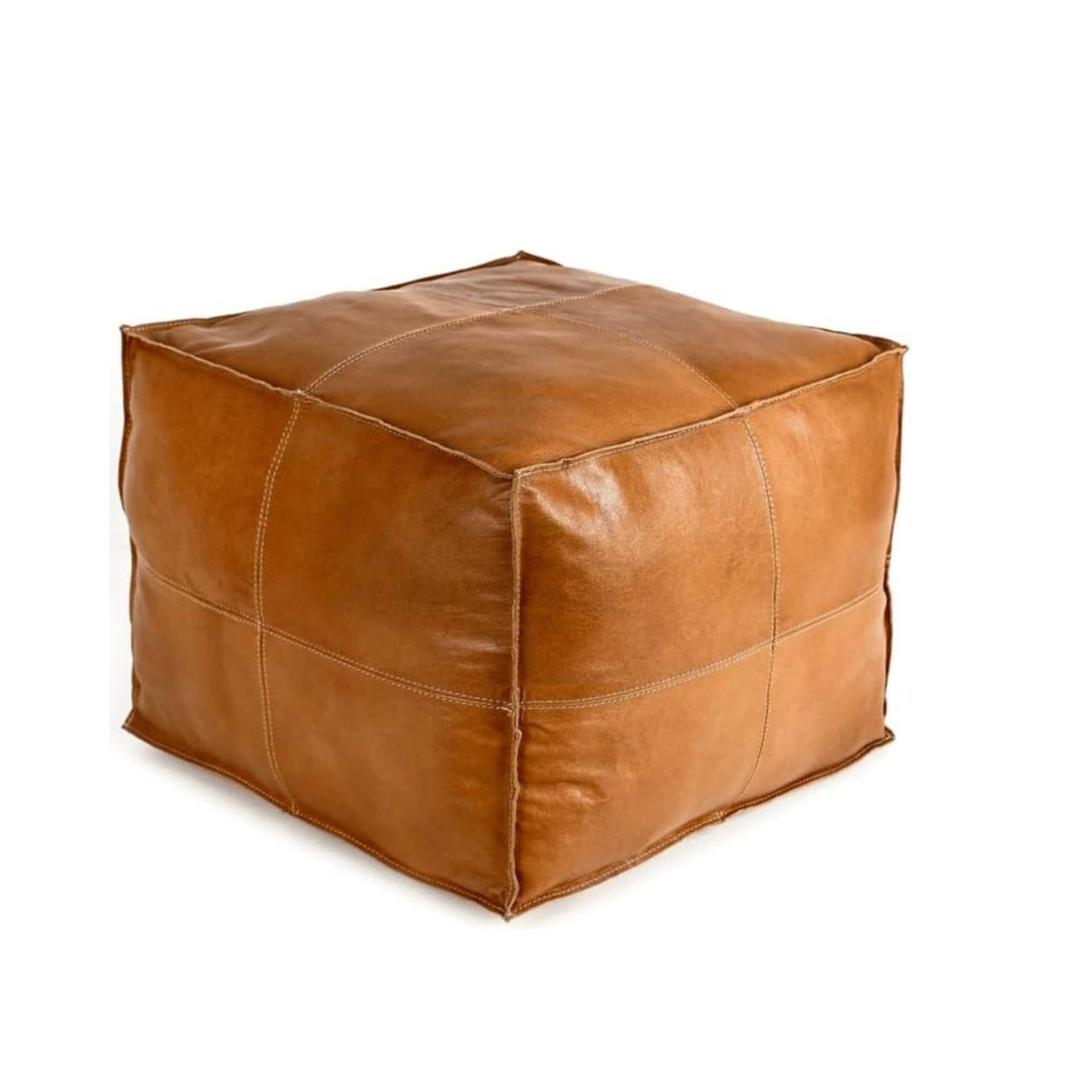 Cognac Square Leather Pouf Ottoman Moroccan Handmade - LuxoraCraft