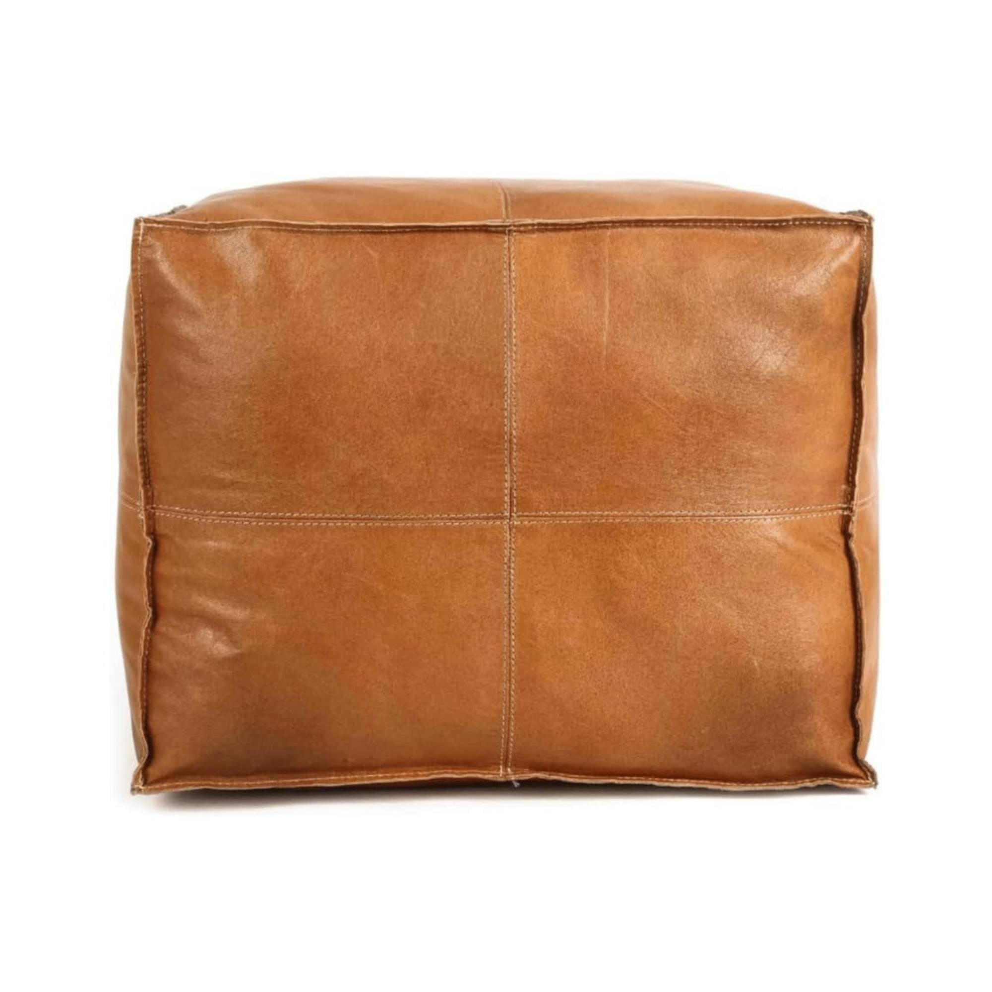 Cognac Square Leather Ottoman Pouf Side View Moroccan - LuxoraCraft