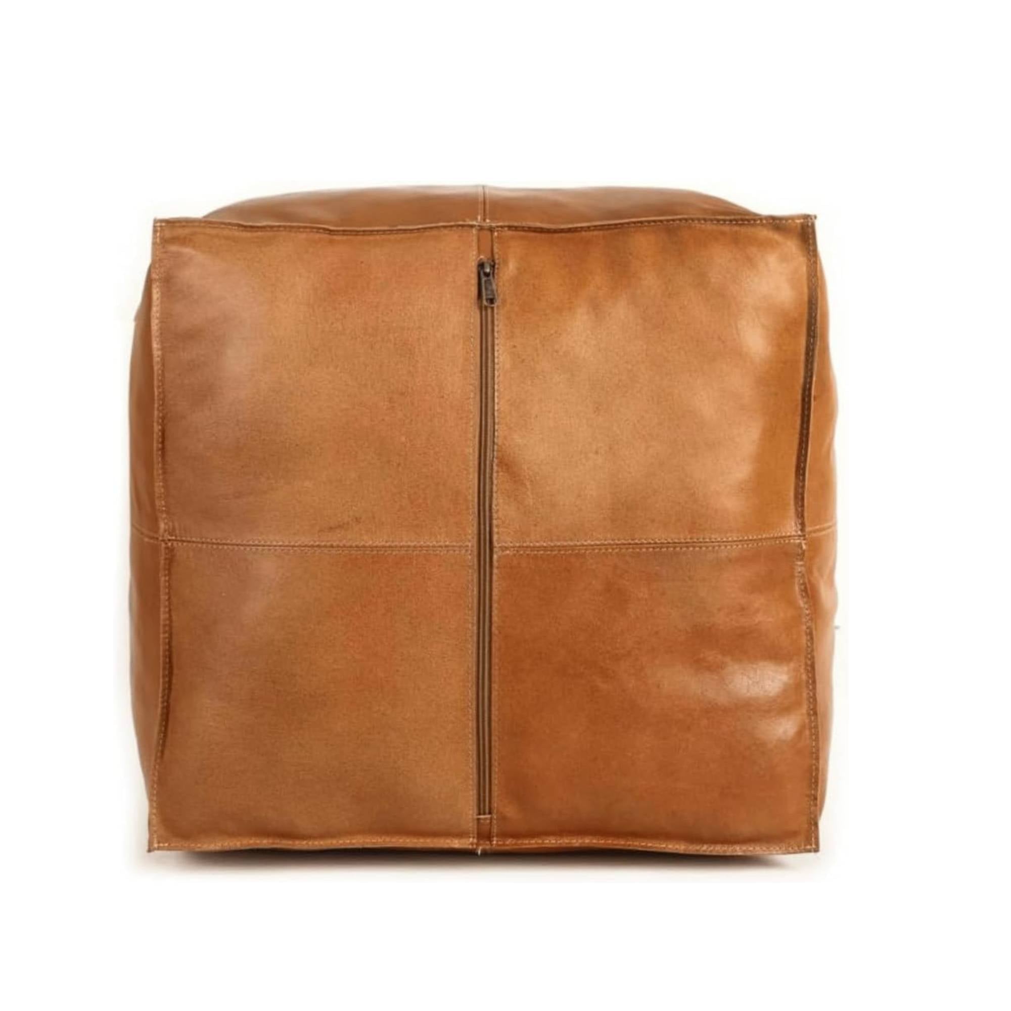 Cognac Square Moroccan Leather Pouf Detail View - LuxoraCraft