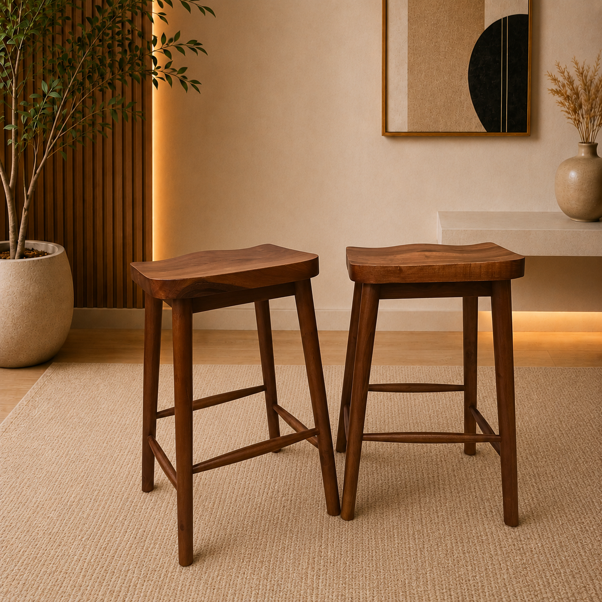 Handcrafted Walnut Counter Stool – Backless Solid Wood Bar Stool with Ergonomic Curved Seat for Kitchen Islands, Restaurants & Home Bars LuxoraCraft