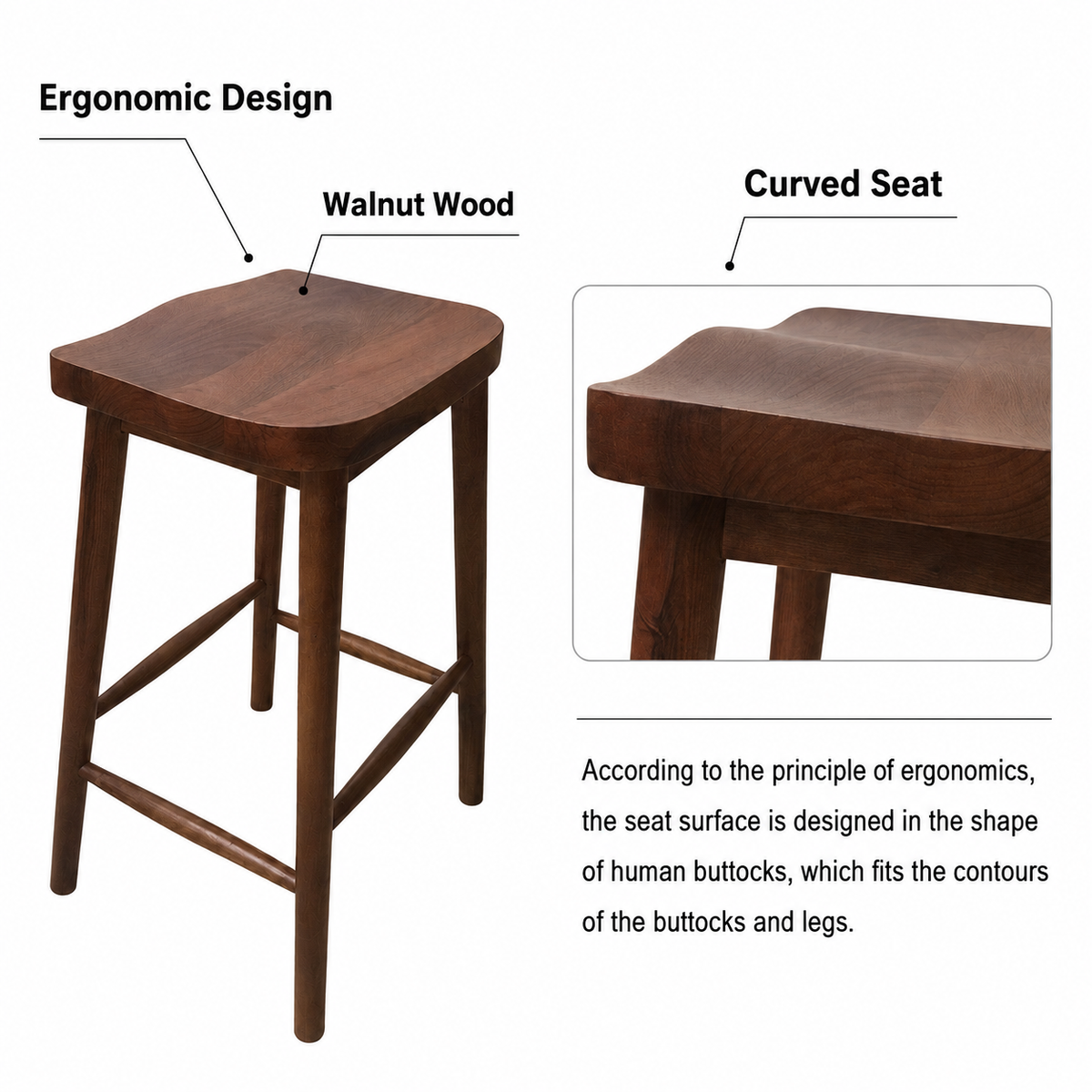 Handcrafted Walnut Counter Stool – Backless Solid Wood Bar Stool with Ergonomic Curved Seat for Kitchen Islands, Restaurants & Home Bars LuxoraCraft