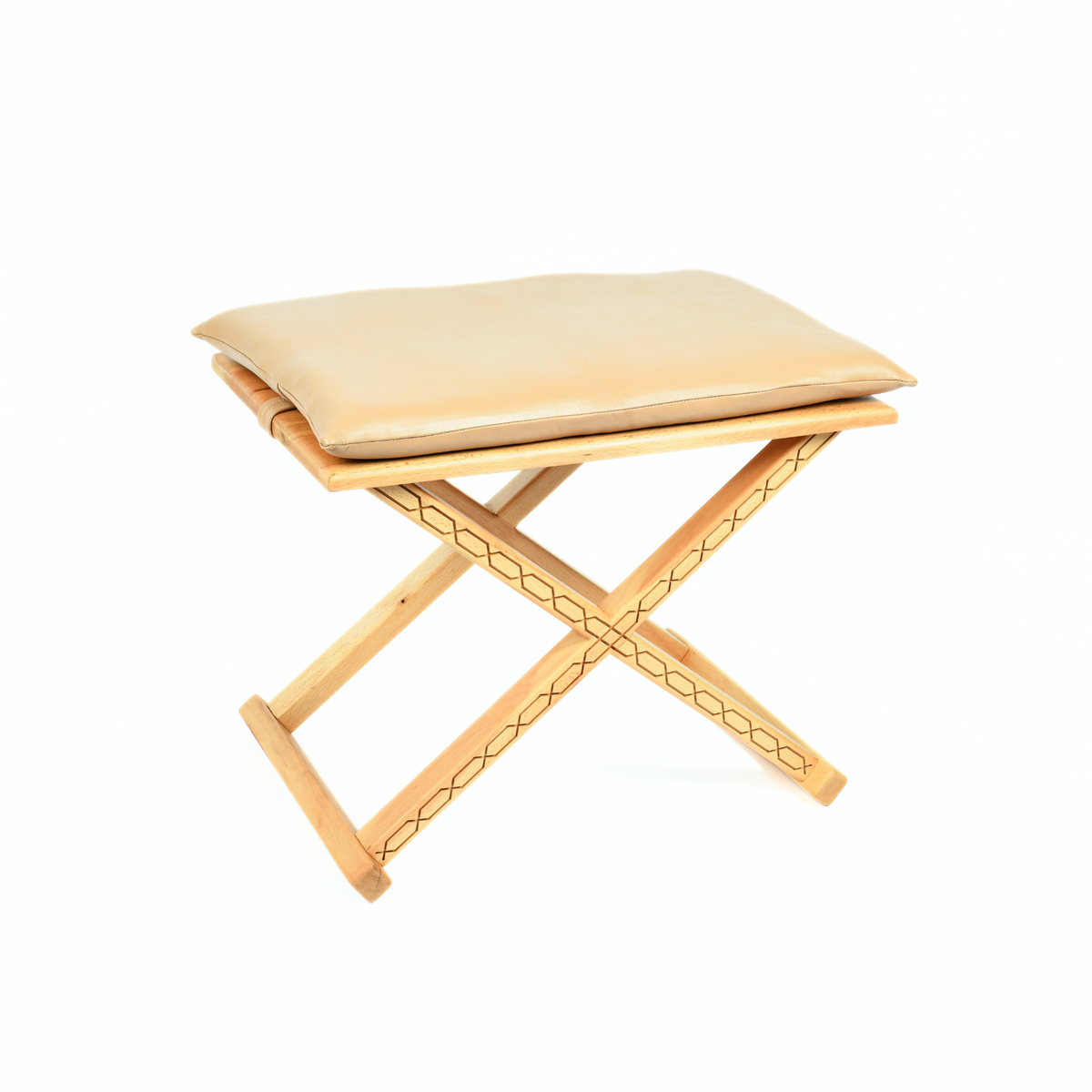 X Stool and Coffee Table Front View Leather Wood - LuxoraCraft