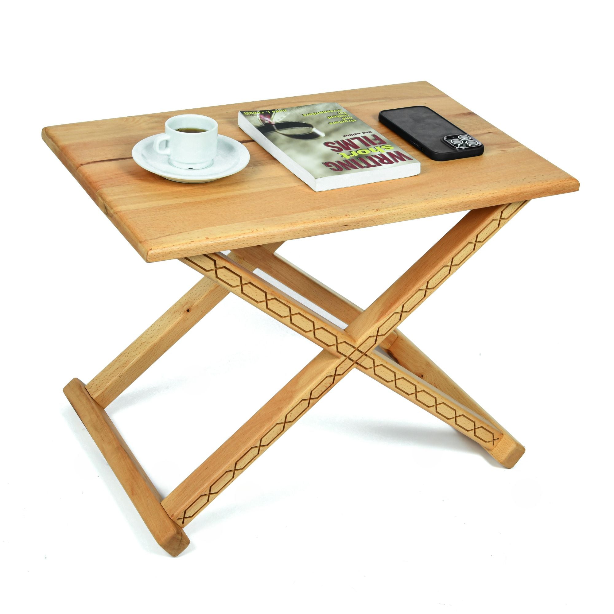 Varnished Wood Vintage X Stool Beige Leather Cushion Side View - LuxoraCraft
