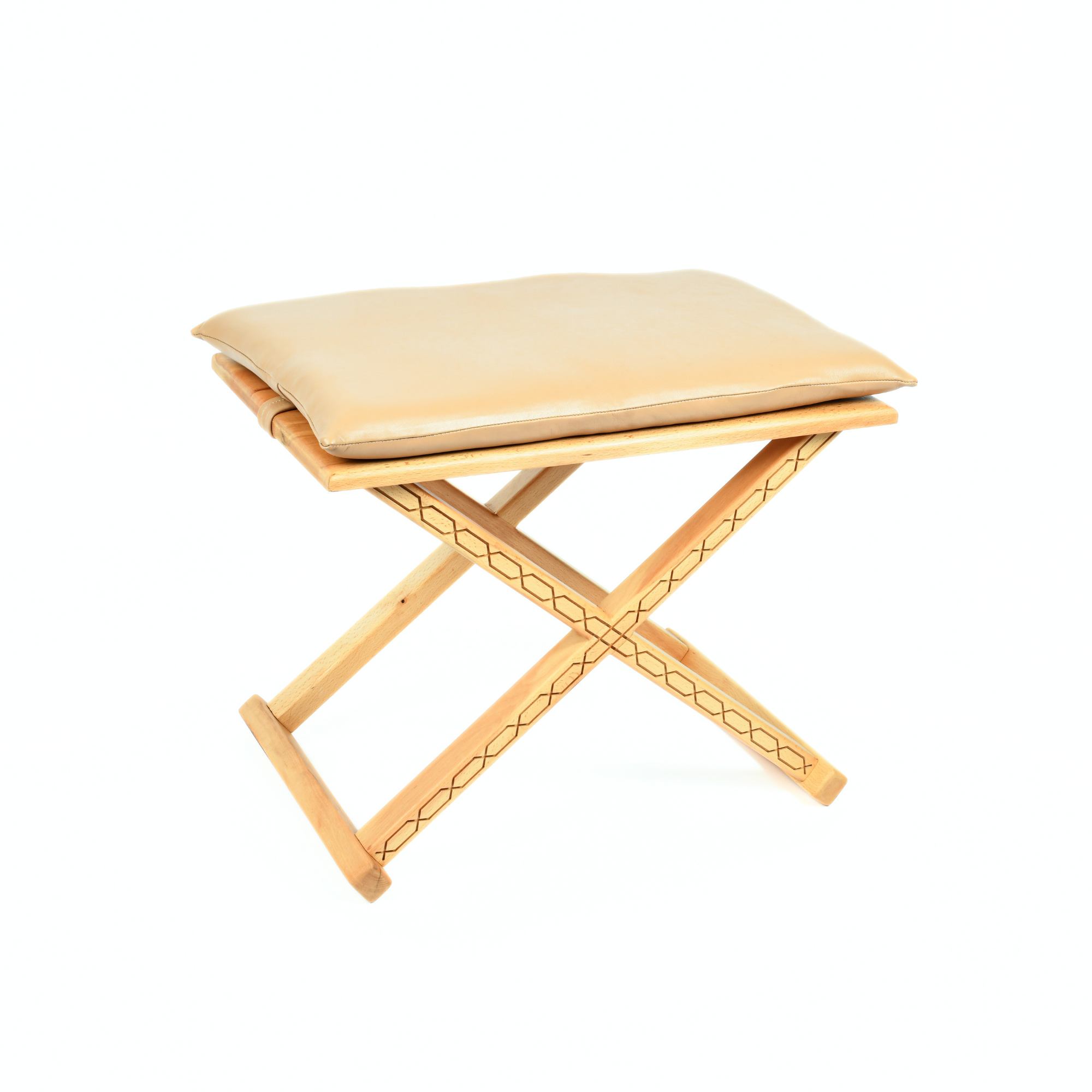 Varnished X Stool Beige Leather Side View Artisan Design - LuxoraCraft