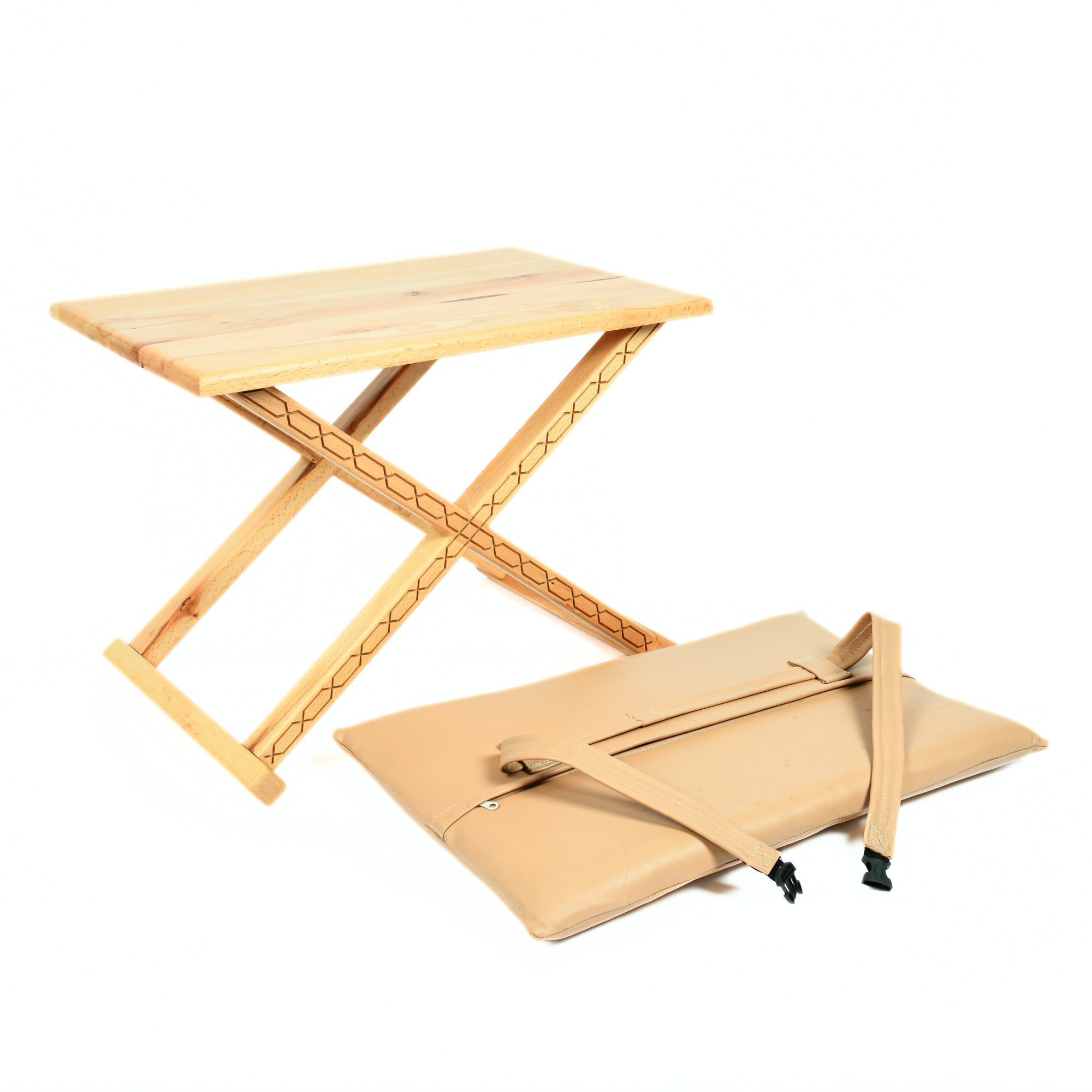 Mid-Century X Stool Coffee Table Detail Leather Wood - LuxoraCraft