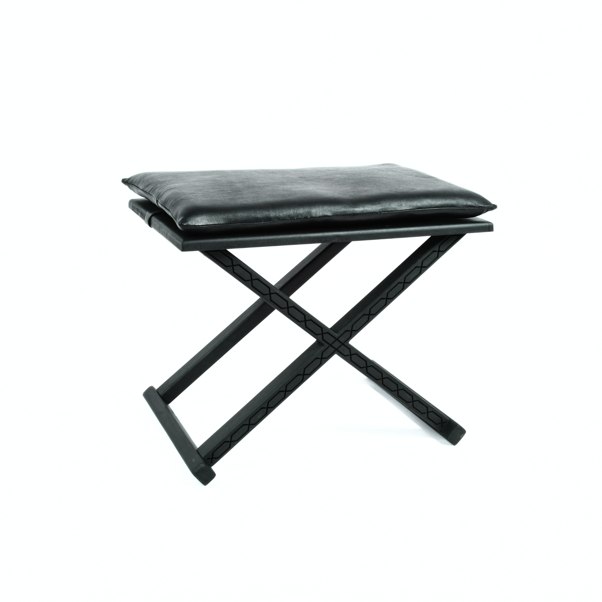 Mid-Century Modern Wood Leather X Stool and Coffee Table Styled in Room - LuxoraCraft