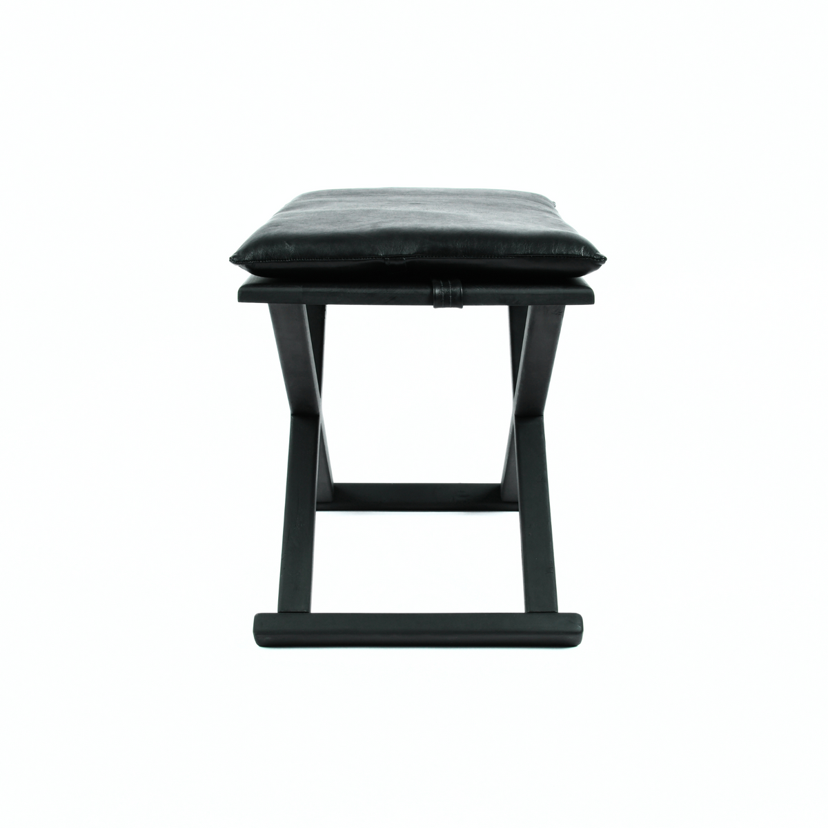 Black Wood Leather X Stool and Coffee Table 2-in-1 Front View - LuxoraCraft