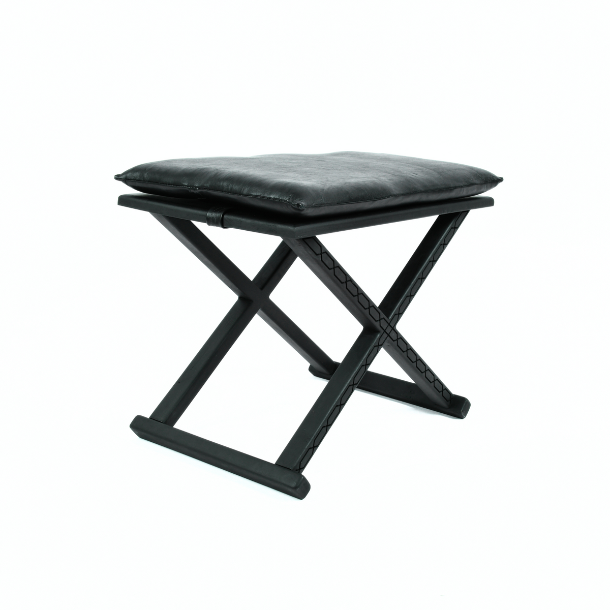 Black Wood Leather X Stool and Coffee Table 2-in-1 Angle View - LuxoraCraft
