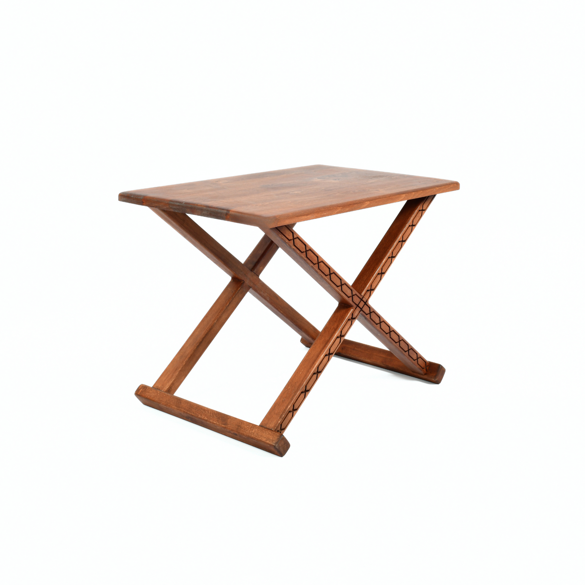 Brown Wooden X Stool Brown Leather Cushion Front View - LuxoraCraft