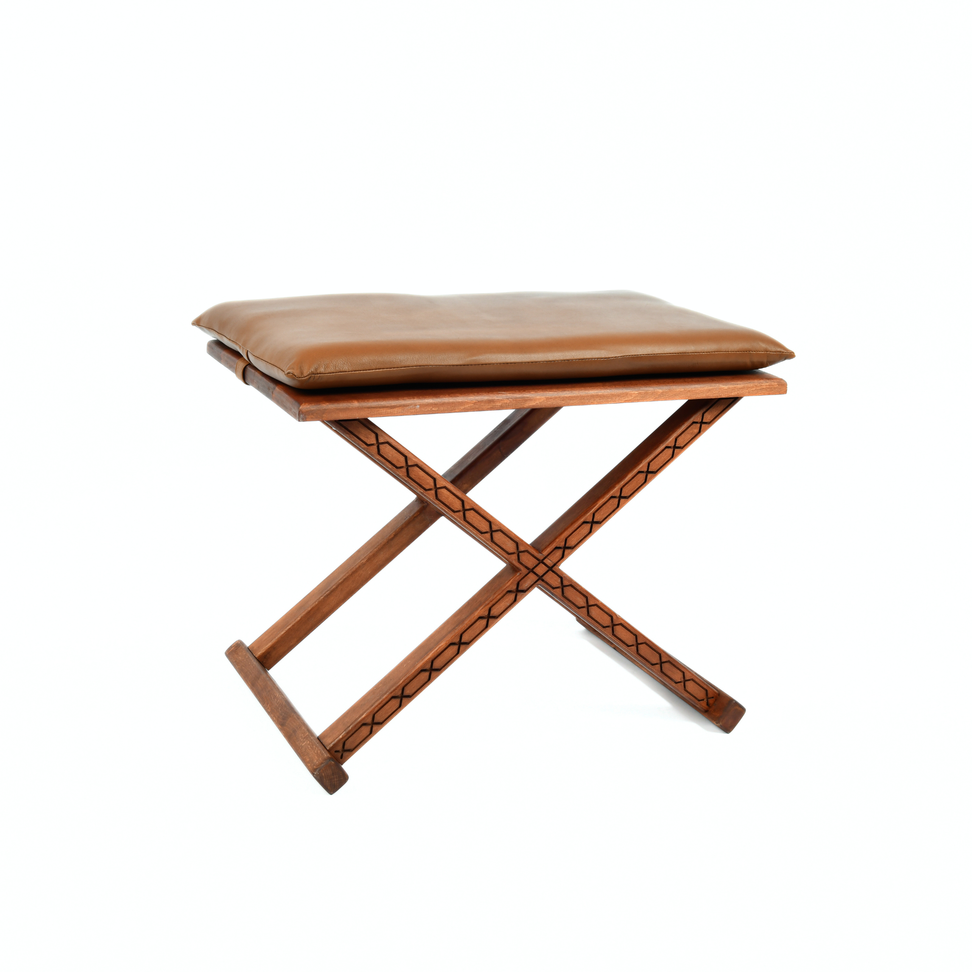 Mid-Century Modern Wood Leather X Stool and Coffee Table Close-Up Texture - LuxoraCraft