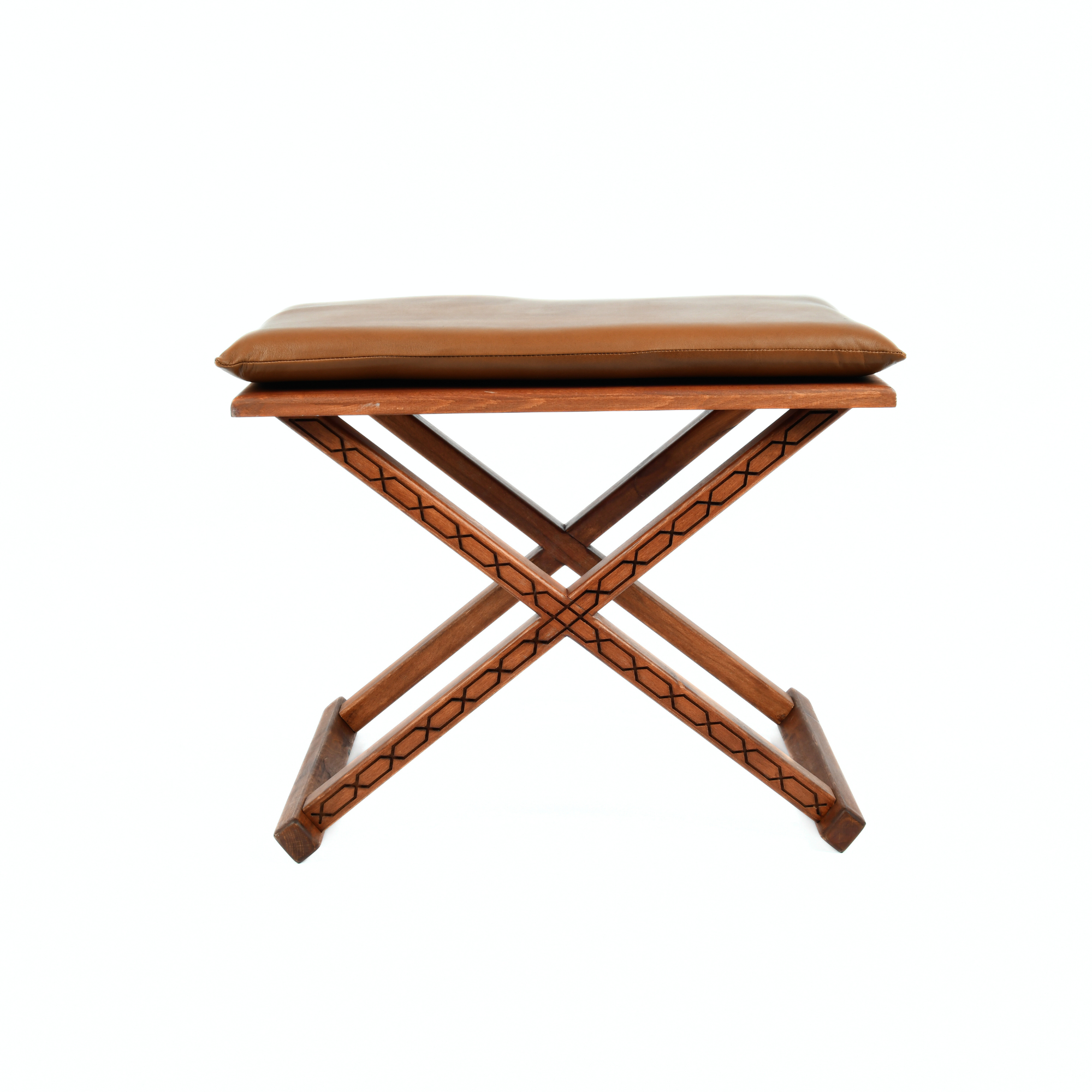 Mid-Century Modern Wood Leather X Stool and Coffee Table Detail View - LuxoraCraft